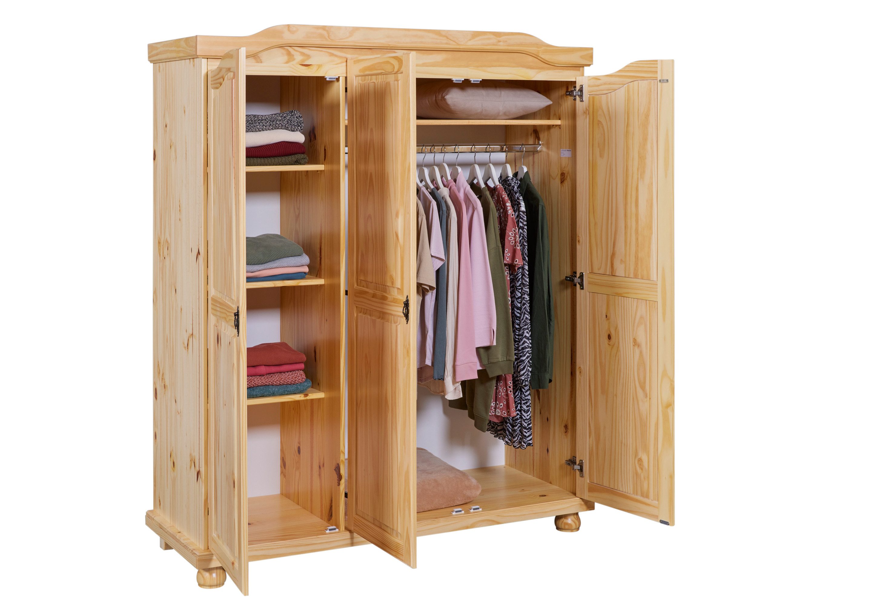 Inter Link Kleiderschrank Bern aus Massivholz, 6 Fächer, Kleiderstange, natur lackiert, Landhausstil
