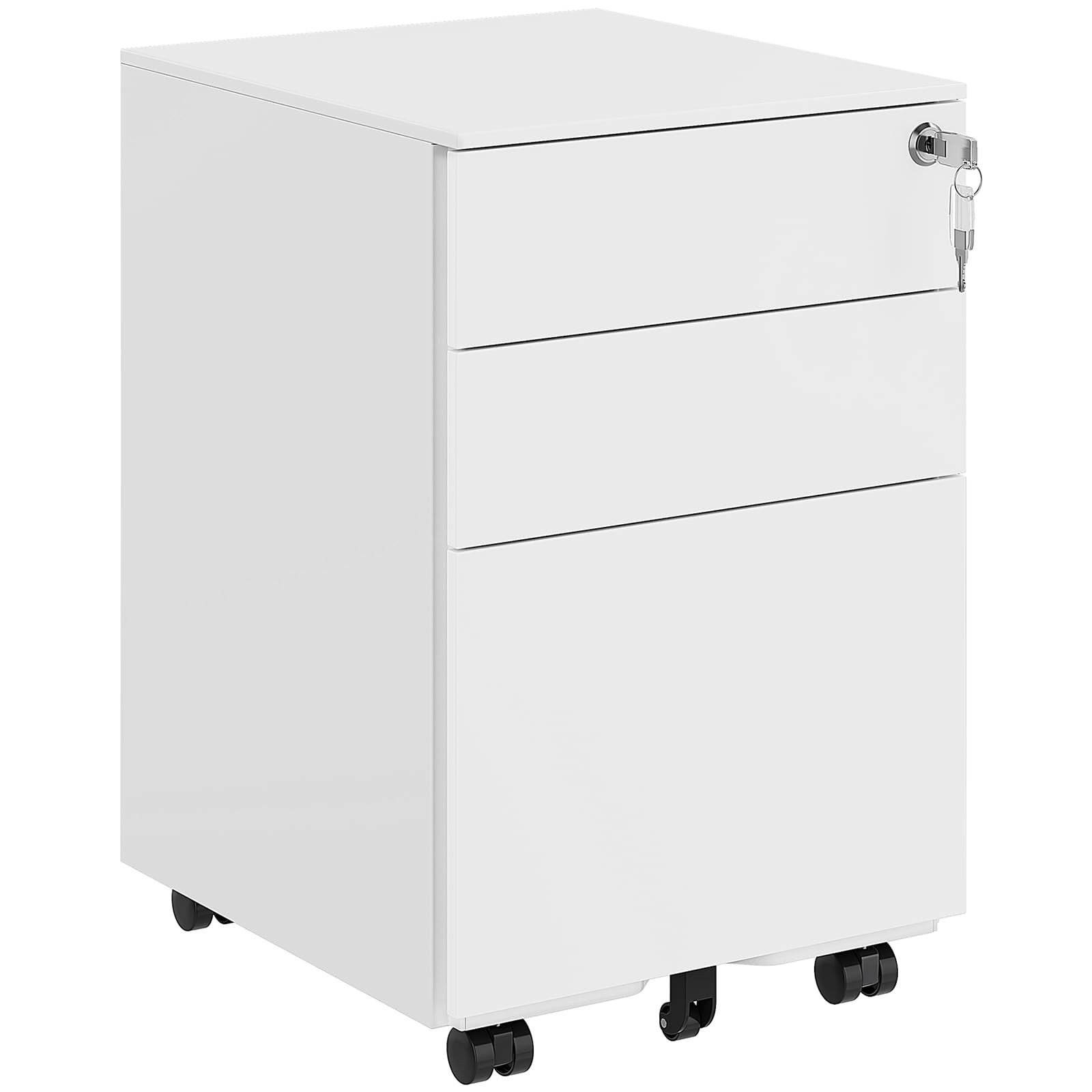 MSMASK Aktenschrank Rollcontainer unter Schreibtisch, mit 3 Schublade und 5 Rollen Metallschrank Druckerschrank mit Hängeregistratur