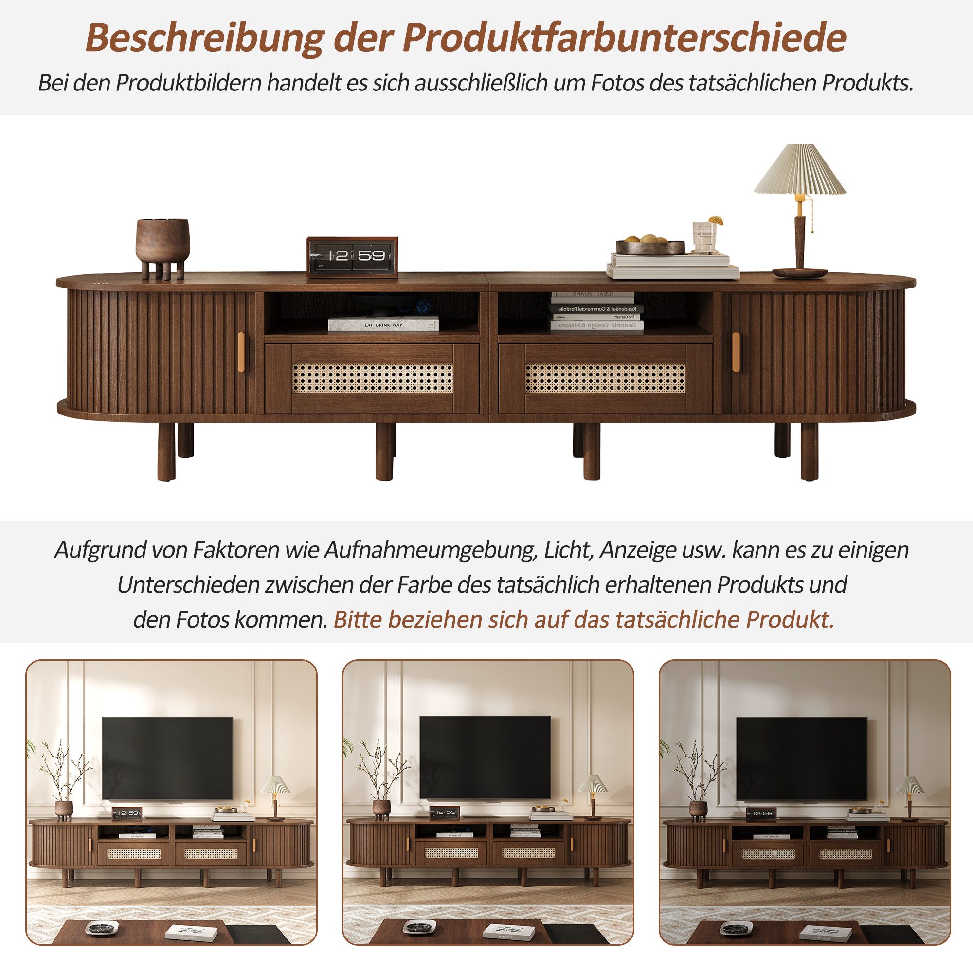 MODFU Lowboard Lowboard (TV-Board und TV-Kommode, 1 St., mit 2 Rattan Design Schubladen,2 Schiebetür), Fernsehtisch bis zu 70 Zoll