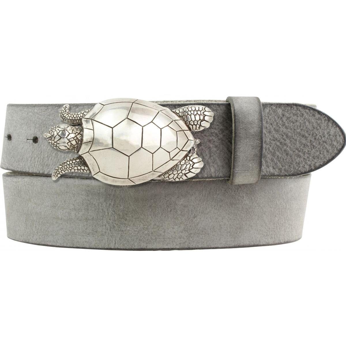 BELTINGER Ledergürtel Gürtel mit Schildkröte-Gürtelschnalle aus weichem Vollrindleder 4 cm U Dunkelgrau, Silber