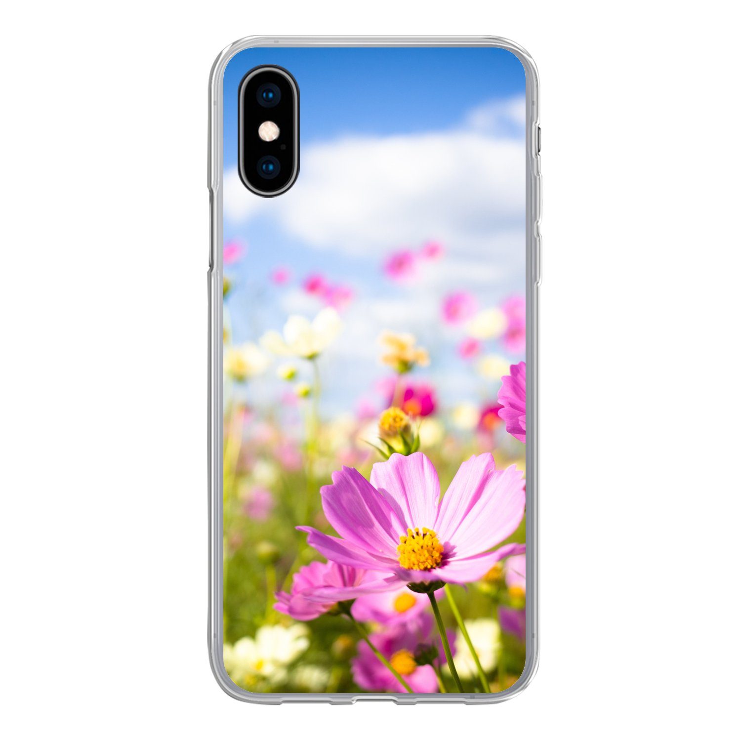 MuchoWow Handyhülle für Apple iPhone X Blumen - Wiese - Lila - Gras - Weiß - Wolken - Blau, Smartphone-Bumper, Print, Handy Schutzhülle Dünn