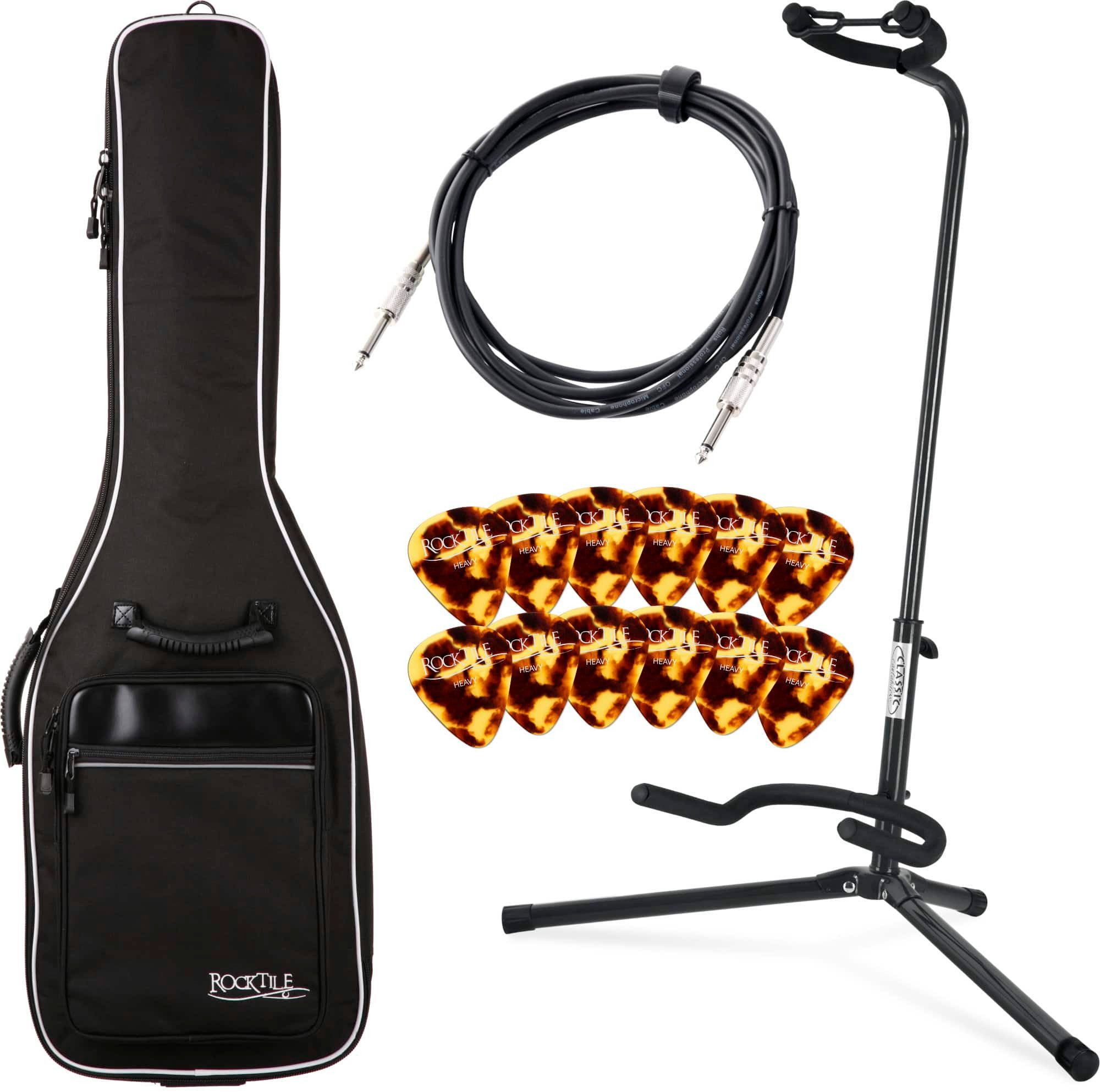 Rocktile E-Gitarre Zubehörset mit Gigbag, Gitarrenständer, Instrumentenkabel und Plektren, ideales Spar-Set für ambitionierte Gitarreneinsteiger