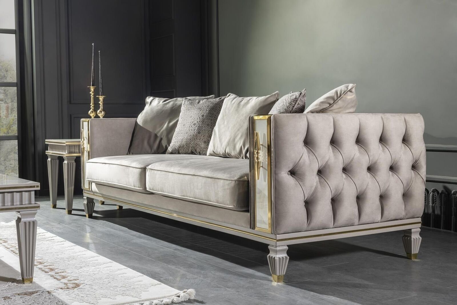 JVmoebel Wohnzimmer-Set Wohnzimmer Grau Sessel Couchtisch Sofagarnitur 2x Beistelltisch Luxus