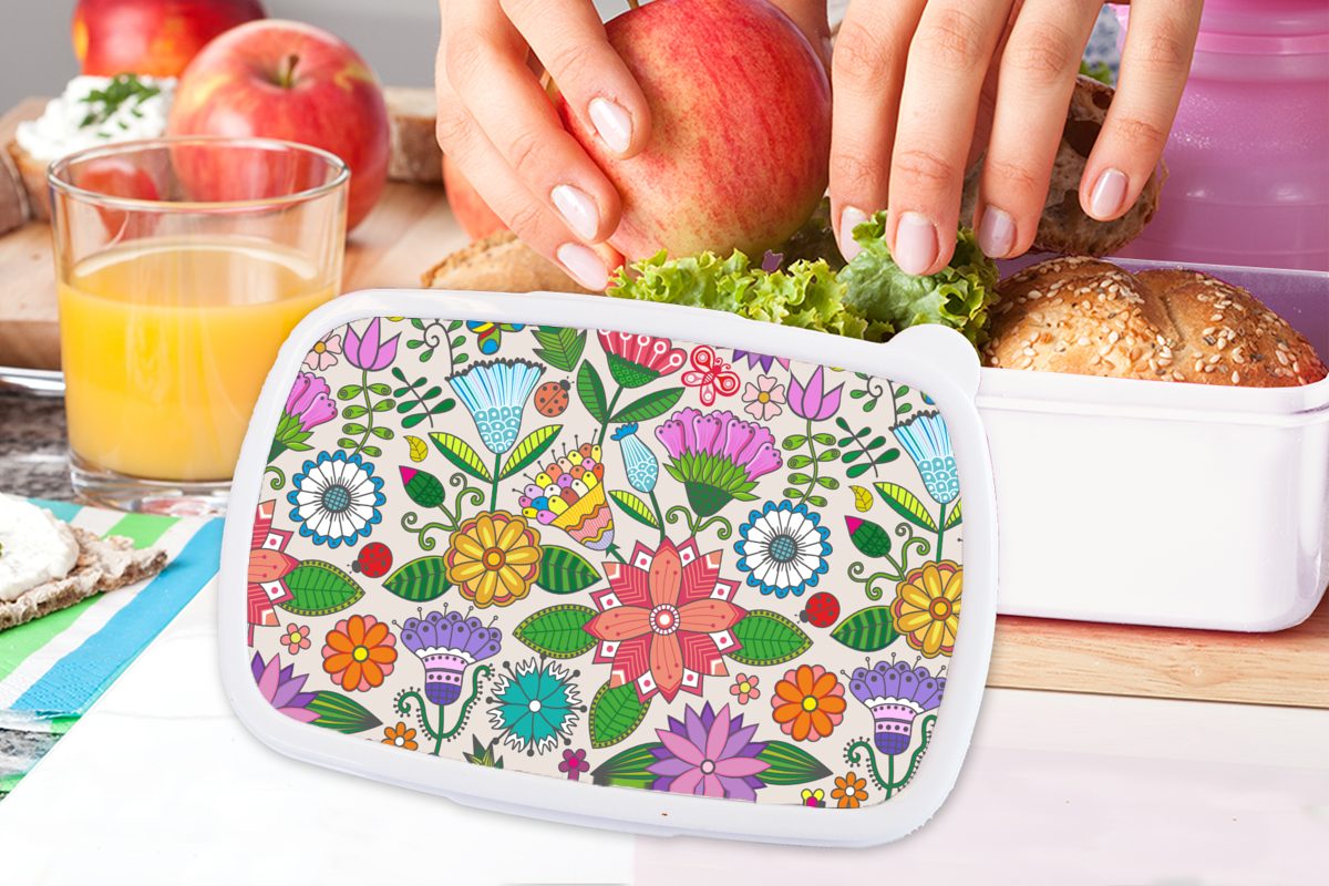 MuchoWow Lunchbox Blumen - Regenbogen Kunststoff, für Jungs (2-tlg), - für Schmetterling Erwachsene, und - und weiß Kinder Brotdose, Brotbox Mädchen Design