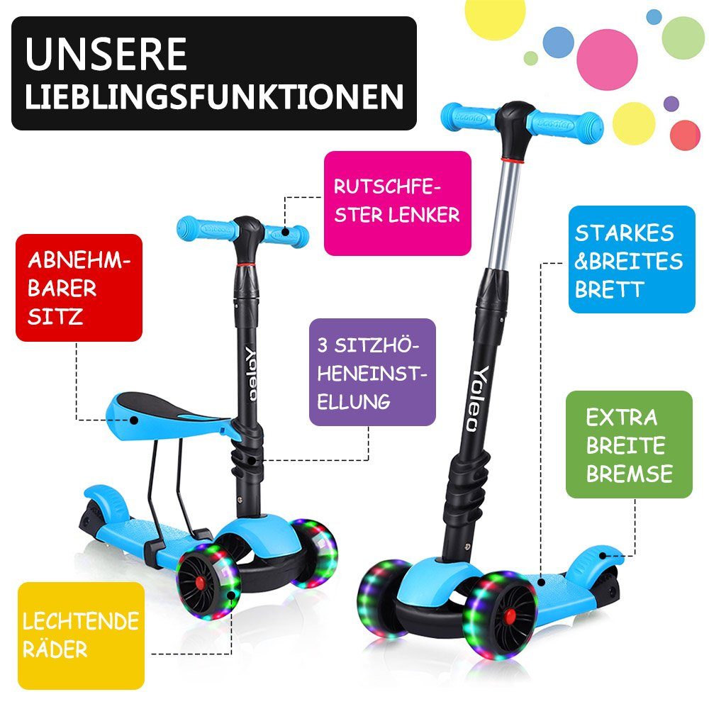 BremToy Scooter 3 in 1 Kinder Roller Scooter mit Sitz LED Räder ab 2 Jahre