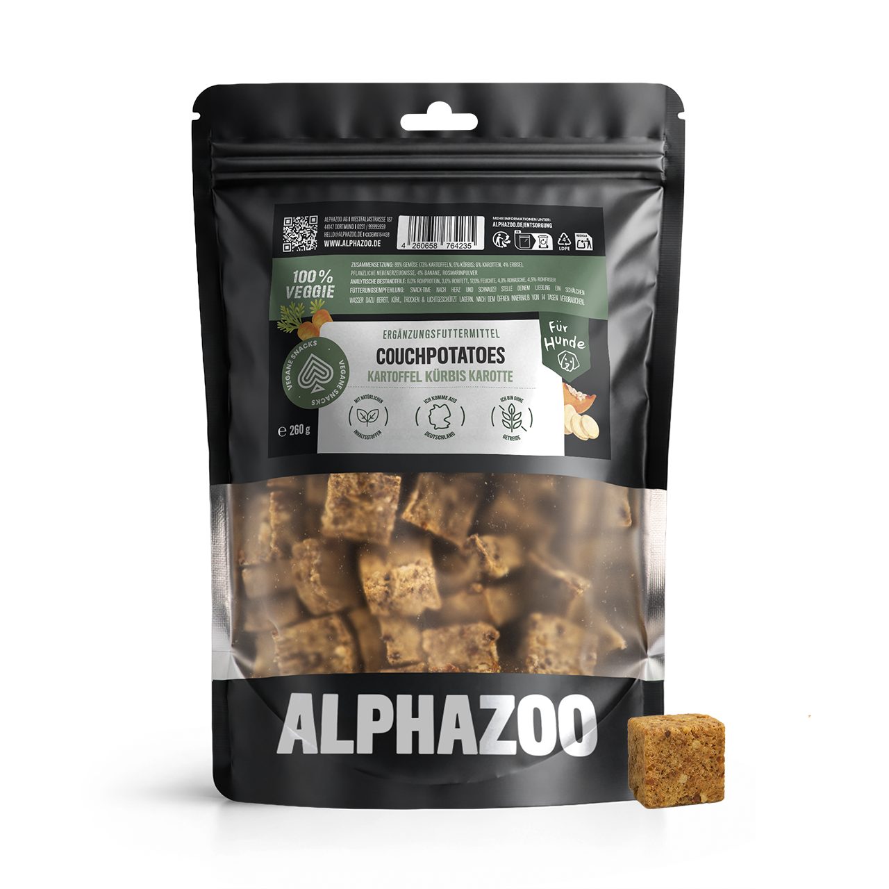 ALPHAZOO Couchpotatoes 260g, Vegetarische Hundeleckerli ohne Zuckerzusatz, Snack für: Hunde, Hundesnack ohne Fleisch, pflanzlicher Kartoffel Snack
