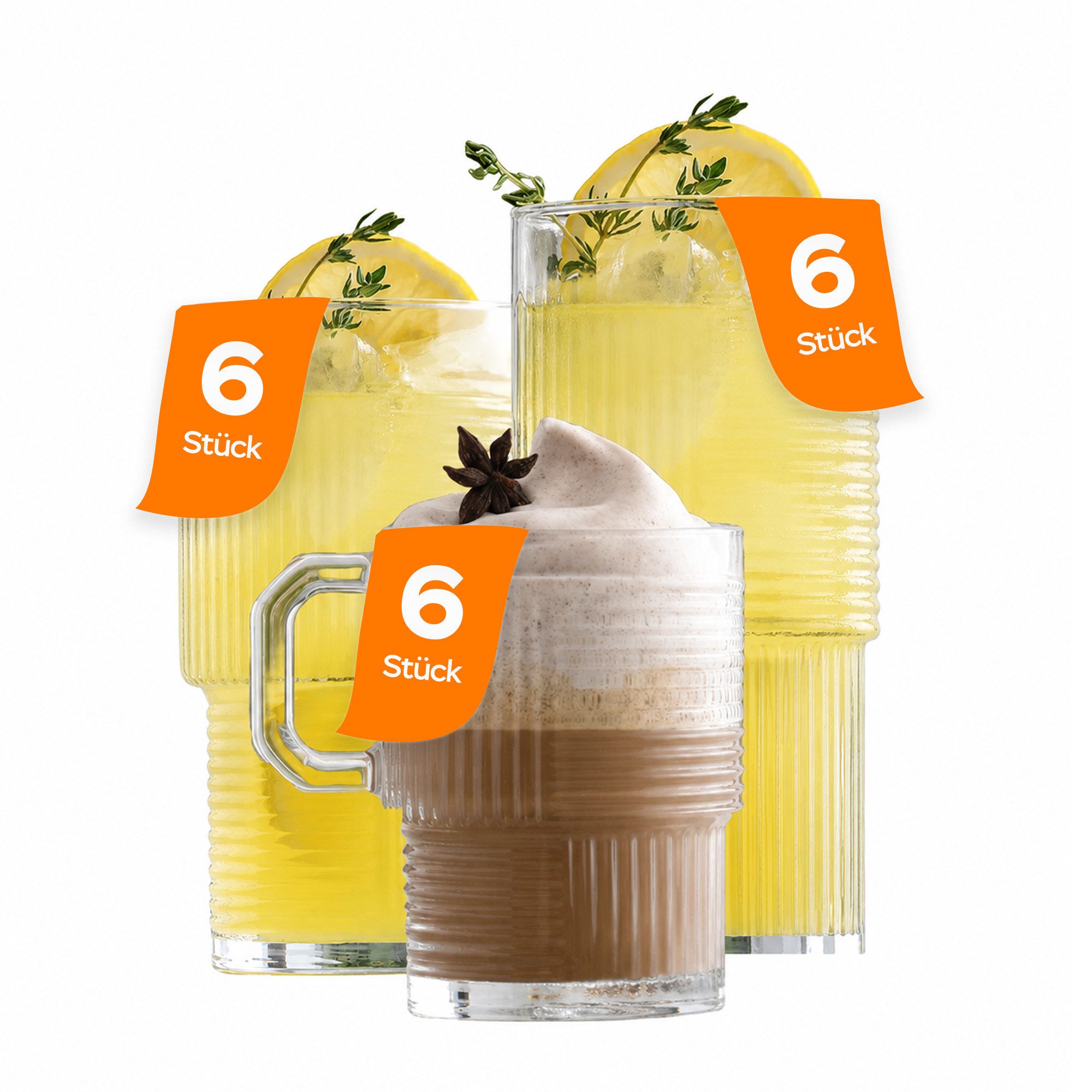 LAV Gläser-Set Helen - Longdrink & Teegläser, 18-teilig (270ml, 400ml, 515ml), 6-tlg., Glas, 18-tlg. Stapelbar Set, drei unterschiedliche Größen in einem Set