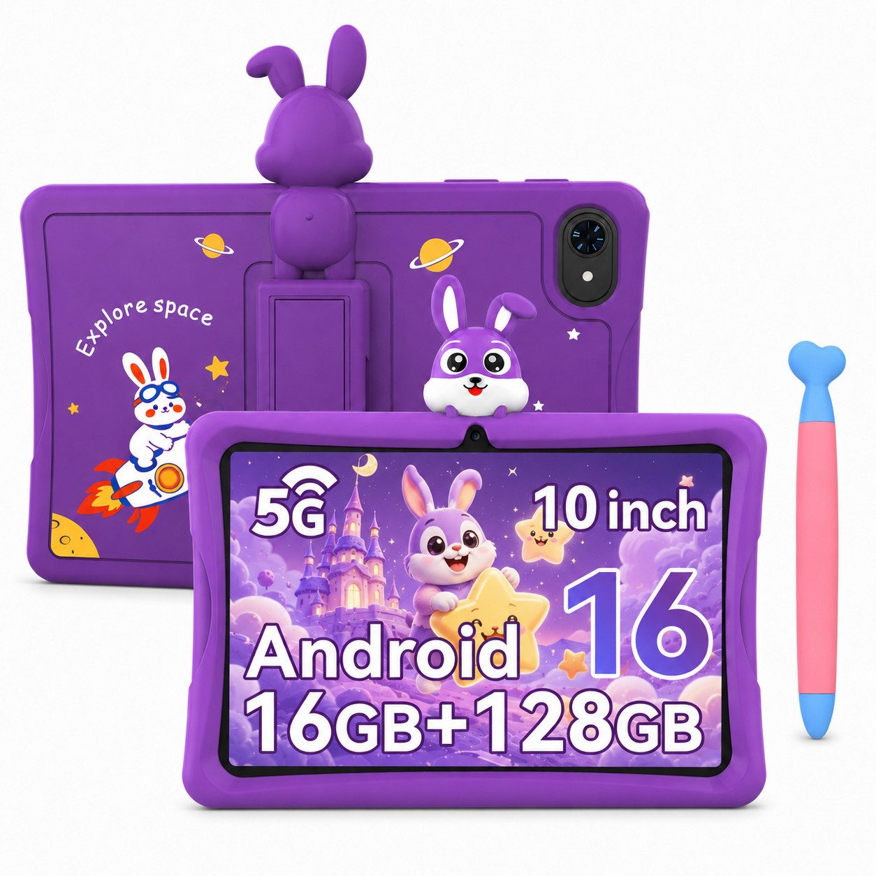 VekfulPC 10.1" 128GB Kids Tablet Android 16 mit TPU-Schutzhülle/Stift Tablet (10.1", 128 GB, Android16, 5000 mAh, Kindersicherung, Widevine L1, WiFi 6, Kids Space)