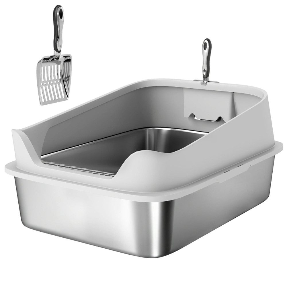 FANNOU Katzentoilette für große Katzen bis 12 kg, 69,8 x 50,3 x 29,8 cm, Edelstahl Offene Katzenklo mit Schaufel hohem Rand
