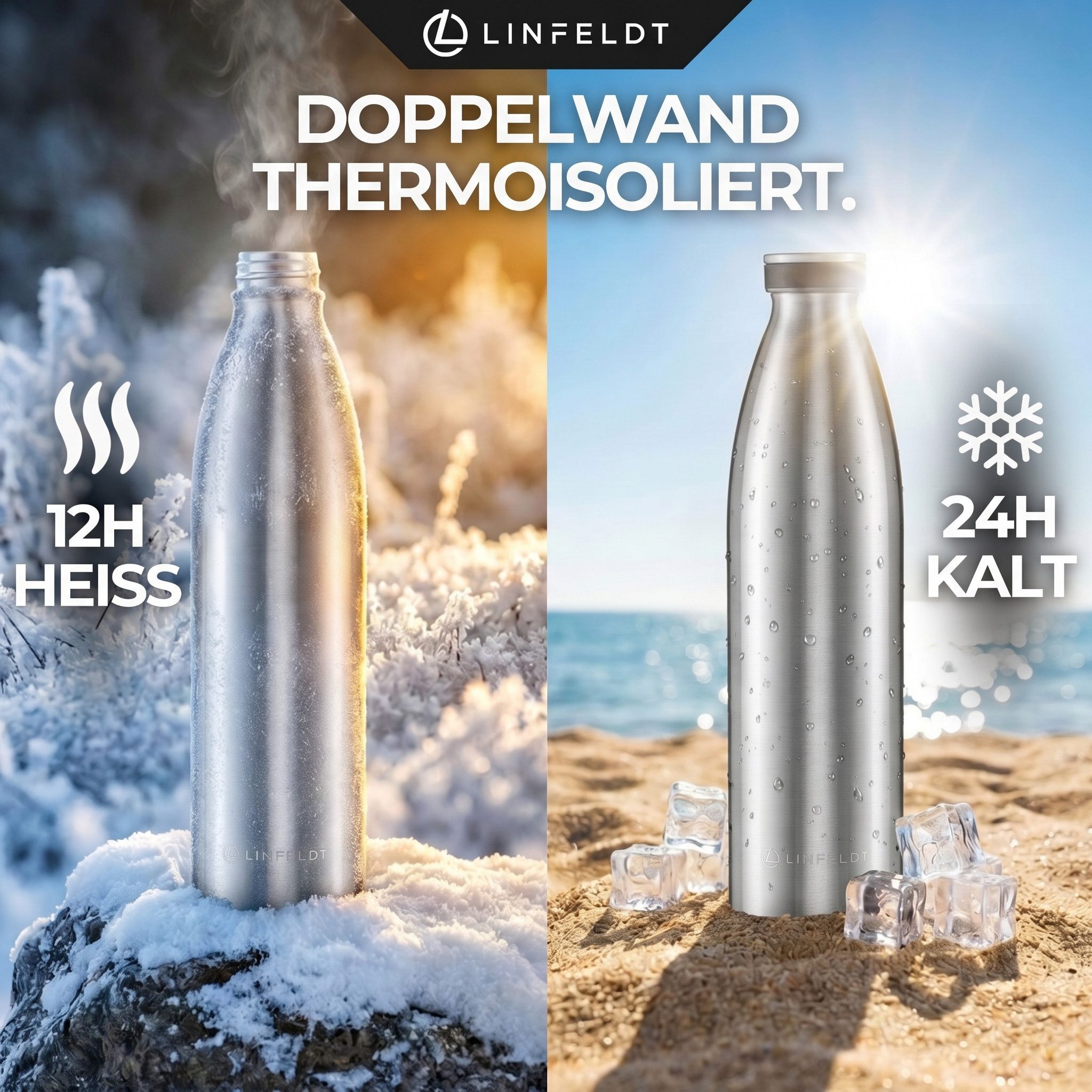 LINFELDT Trinkflasche 1L Trinkflasche Edelstahl Isoliert 24H Auslaufsicher + Sprudel, Edelstahl (Kohlensäure geeignet)