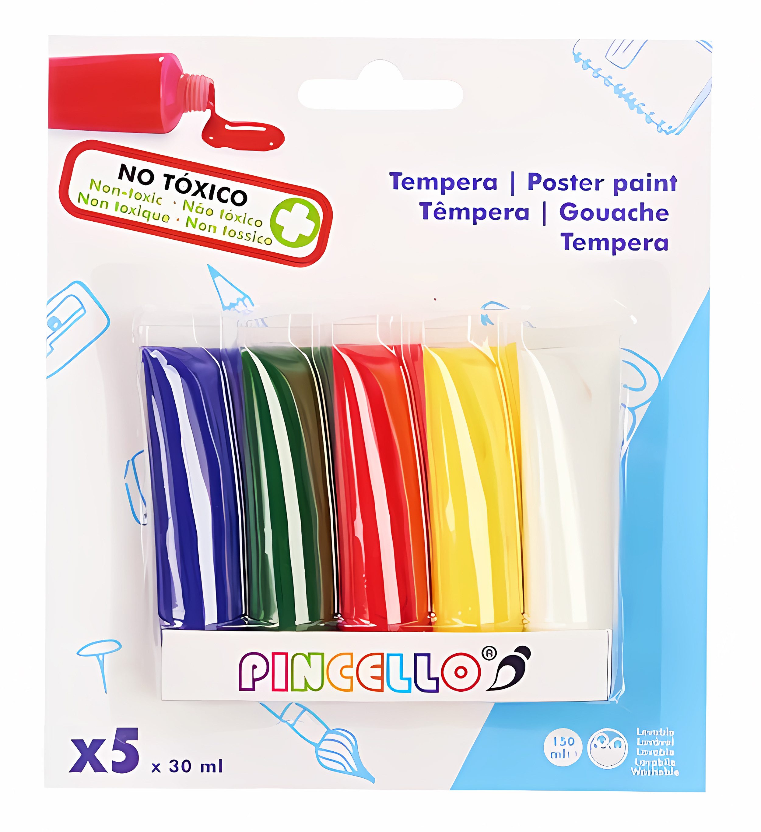 Pincello Plakatfarbe 5 Tuben PLAKATFARBE 30ml ungiftig Malfarben Fingerfarben Tempera 06, Plakat Kinder Bastel Farbe