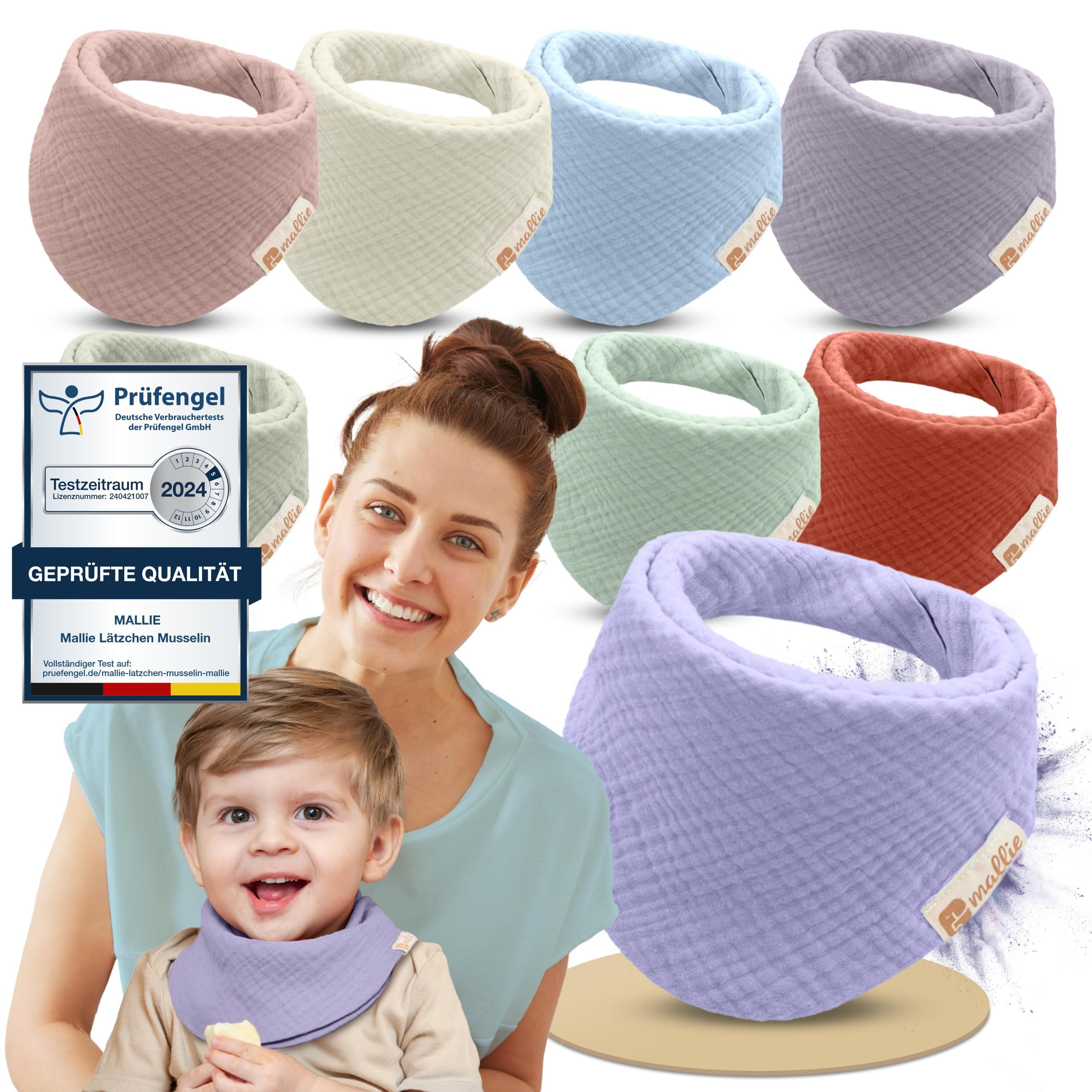 Mallie Lätzchen Musselin Lätzchen Baby im 6er oder 8er Set, (Als Bibs, Dreieckstuch Baby, Baby Lätzchen -, 8-St., Musselin Halstuch Baby, Musselintücher Baby und Babylätzchen), Sabberlätzchen Baby Halstücher Baby