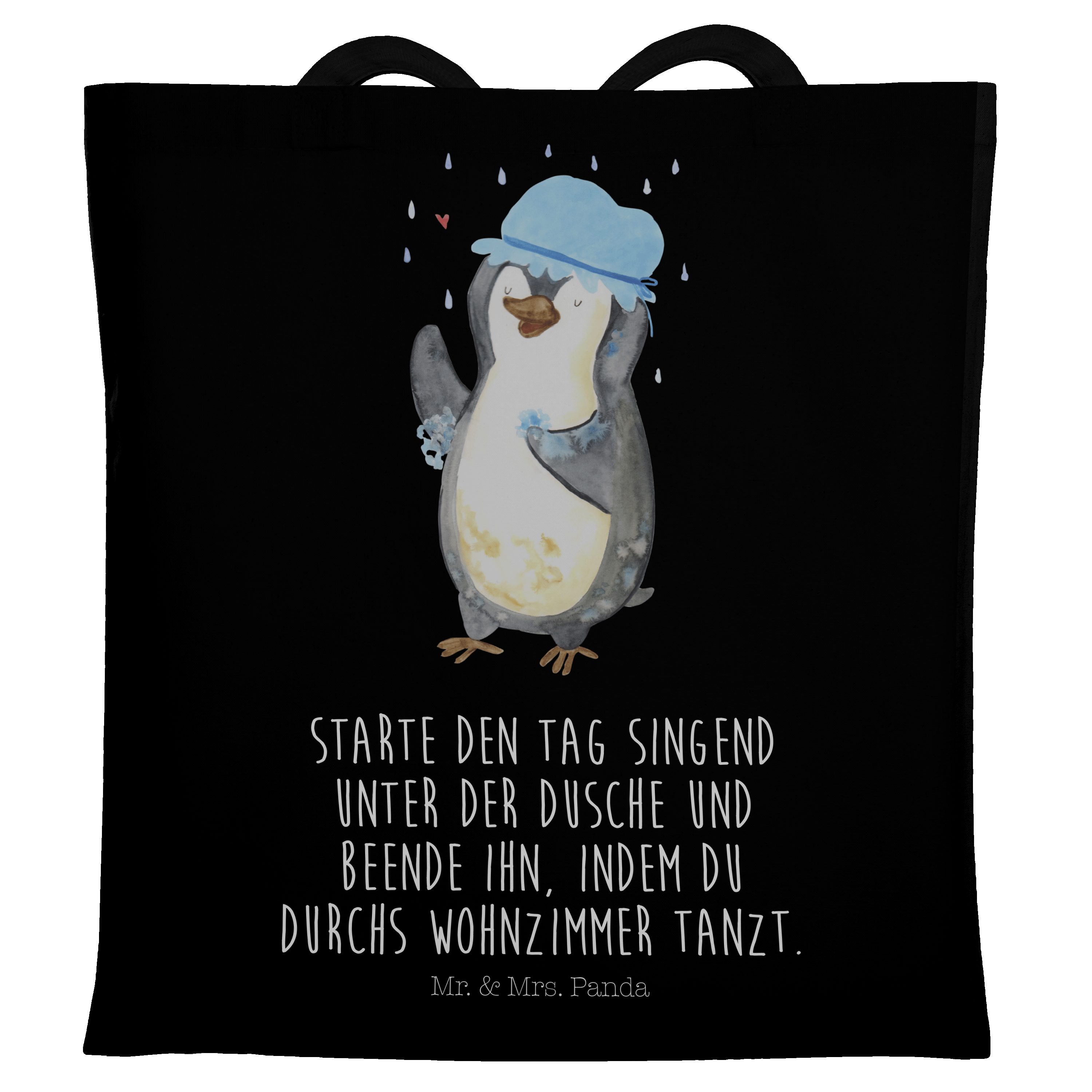 Mr. & Mrs. Panda Tragetasche Pinguin duscht - Schwarz - Geschenk, duschen, Motivation, Dusche, bad (1-tlg)