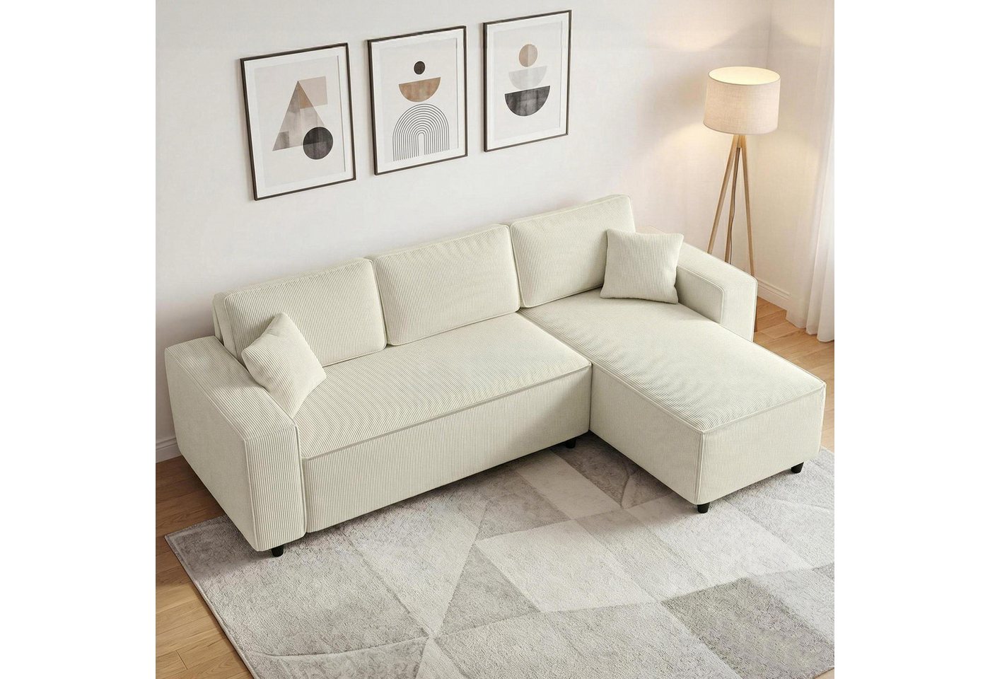 HOMCOM Ecksofa Sofa in L-Form mit Umkehrbarer Chaiselongue, Polsterecke, Eckcouch aus Cordstoff 1 Teile, für Wohnzimmer Schlafzimmer, 241x153x83 cm Cremeweiß