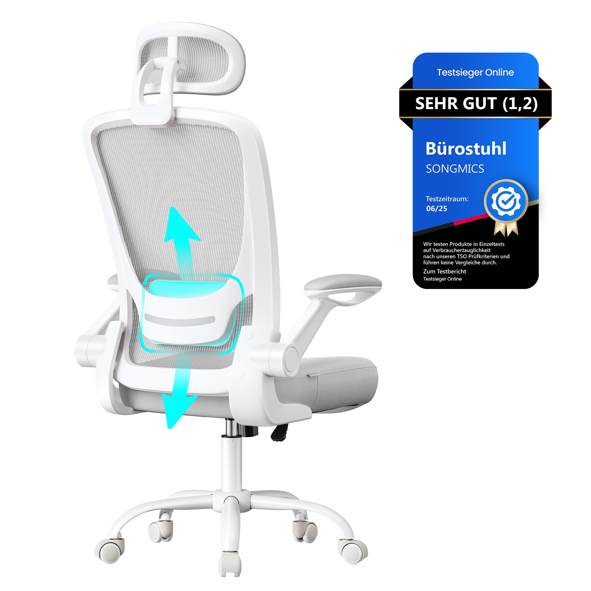 SONGMICS Bürostuhl, ergonomisch, Drehstuhl mit Mesh, Wippfunktion, klappbare Armlehnen