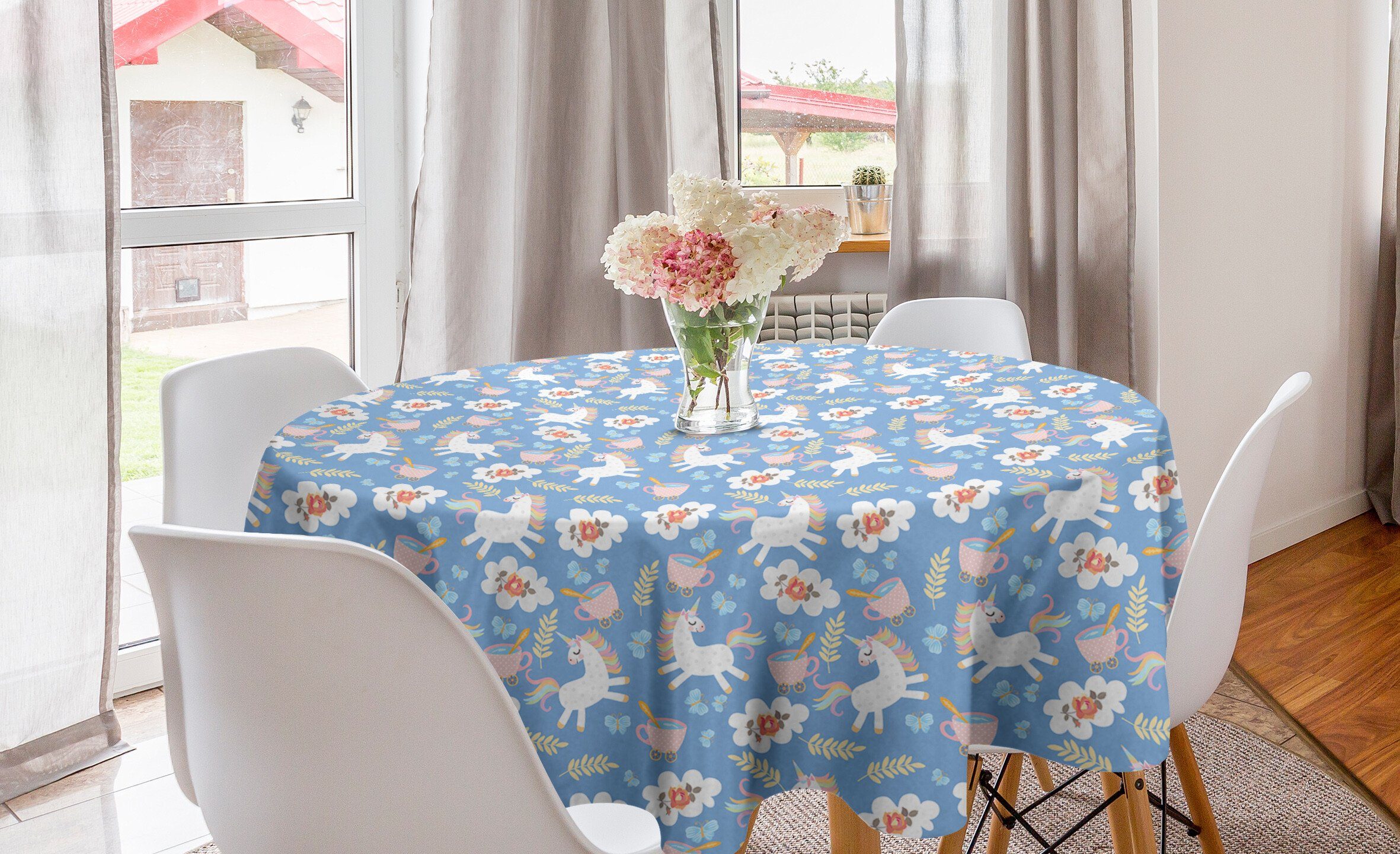 Abakuhaus Tischdecke Kreis Tischdecke Abdeckung für Esszimmer Küche Dekoration, Einhorn Tassen Tee Rose Blumen