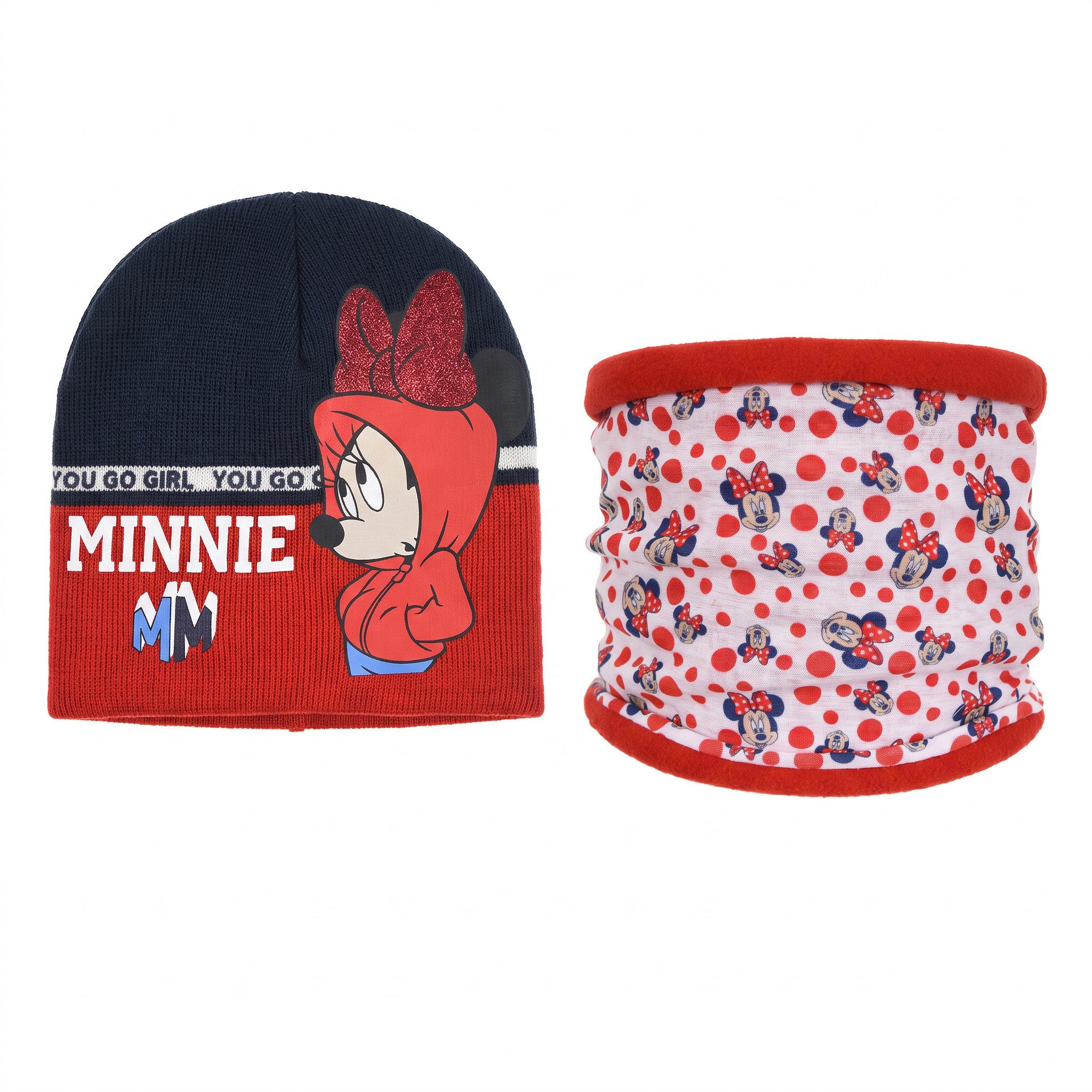 Disney Bommelmütze Disney Minnie Maus 2teiliges Set Kinder Herbst Wintermütze plus Loop (Spar-Set)
