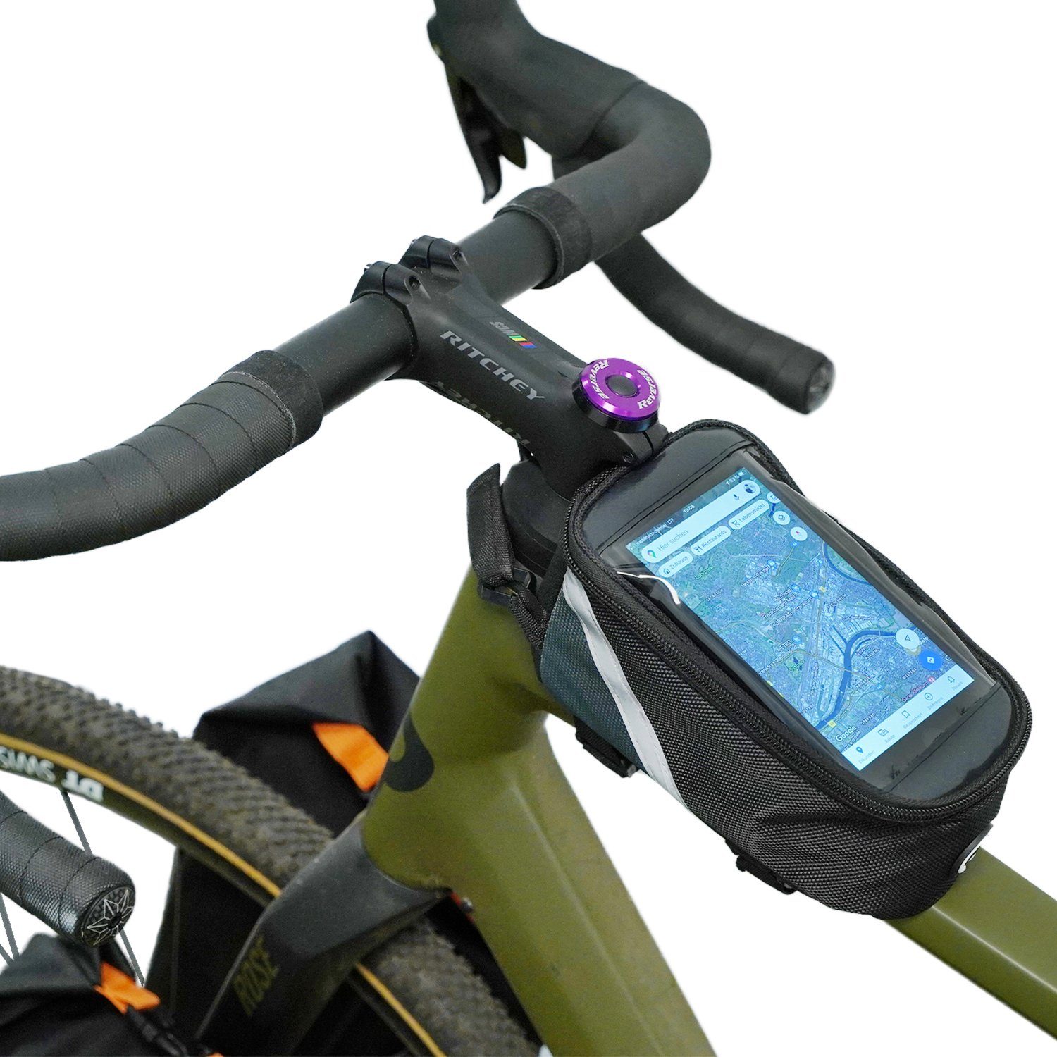 fischer Fahrradtasche Oberrohrtasche mit Handy-Halterung als Navi,  Universal verwendbar, Fahrrad-Tasche als Rahmentasche, Smartphone Halter  mit Touchscreen-Schutzfolie, Klettverschluss, Case auch für E-Bike geeignet