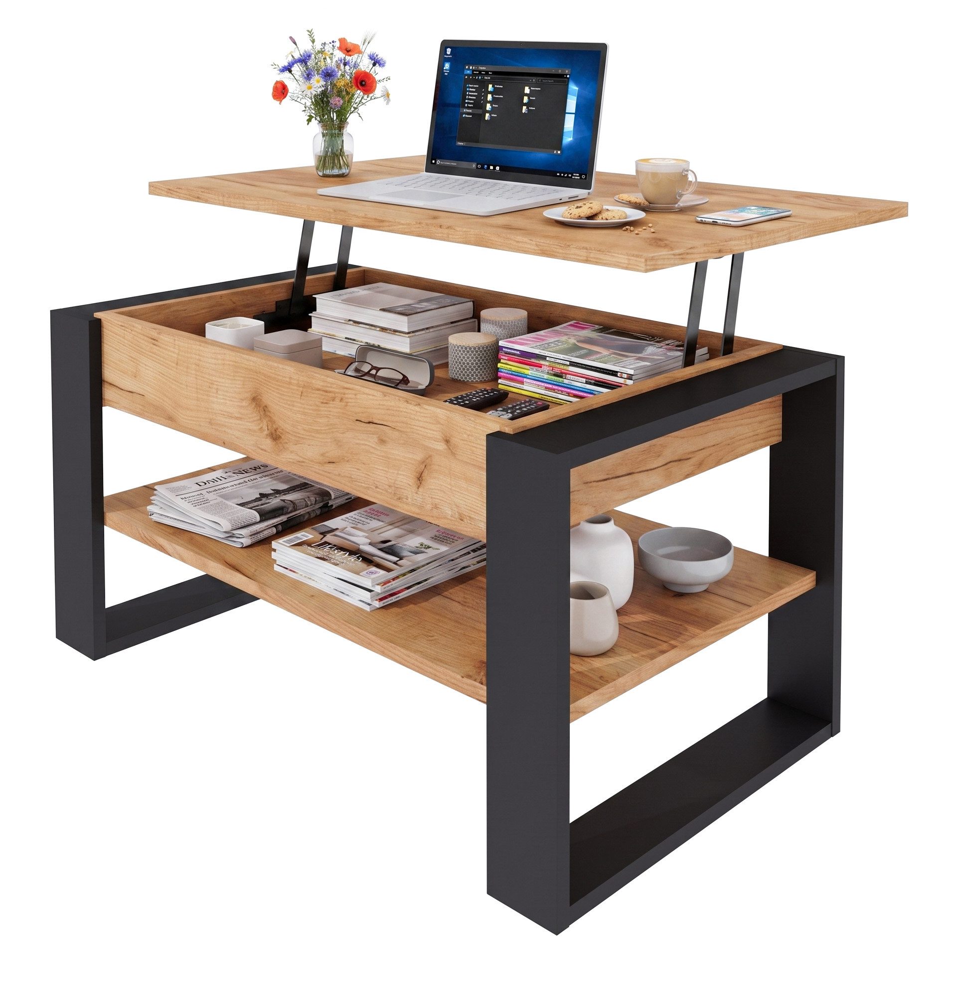 TREND WERK Couchtisch Lift-Couchtisch höhenverstellbar Sofatisch 92×55 cm mit Stauraum (verstecktem Fach Wohnzimmertisch Holz modern)