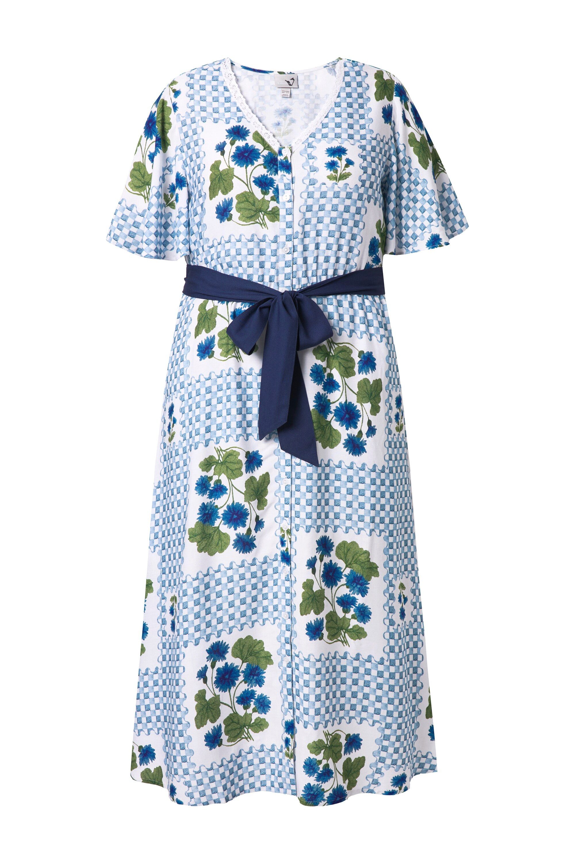Ulla Popken Maxikleid Maxikleid Karo/Blüten V-Ausschnitt Halbarm
