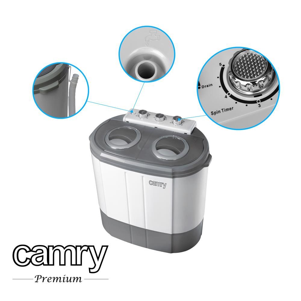 Camry Waschschüssel CR 8052 Mini Waschmaschine mit Schleuder, 3 kg Kapazität, tragbare Camping Waschmaschine, Reisewaschmaschine, Weiß Grau – Bild 5 von 5