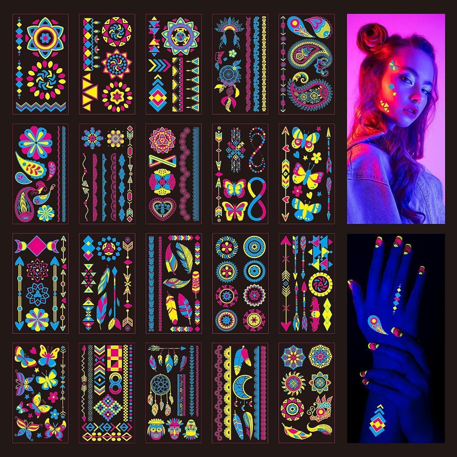 Sugeru Kindertattoo 20 Neon Gesichtstattoos, UV Glow, wasserfest, Party