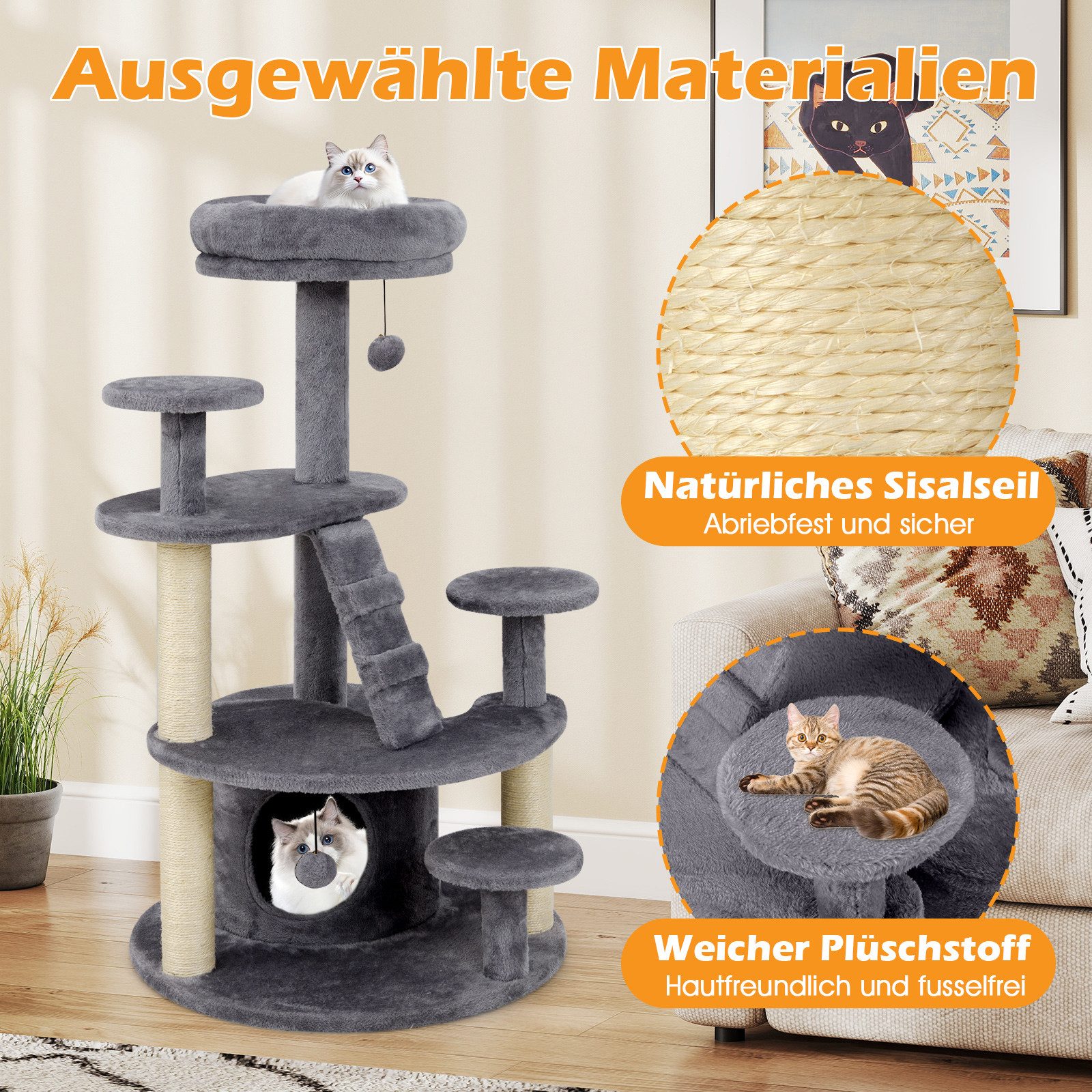 Thumbnail - KOMFOTTEU Kratzbaum, Katzenturm Katzenmöbel mit 3 Juteseil-Kratzsäulen