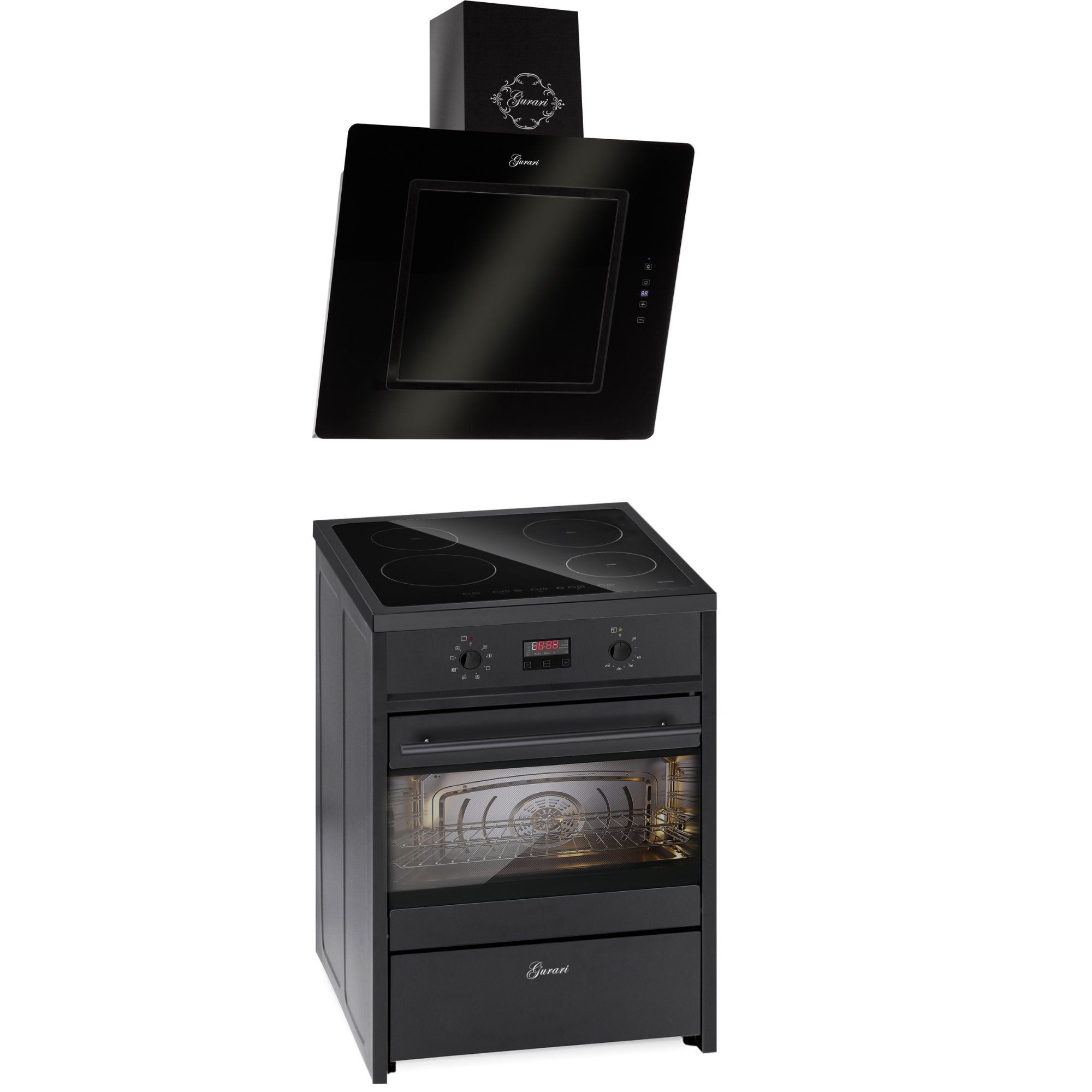 GURARI Induktions Herd-Set Induktions-Standherd 60 cm Schwarz Induktionsherd Freistehend mit 4 Boosterkochzonen+Dunstabzugshaube 60 cm, 1000m³/h,Touch Control GCH E 612 BL+GCH 155 BL 60 PRIME N, mit 1-fach-Teleskopauszug
