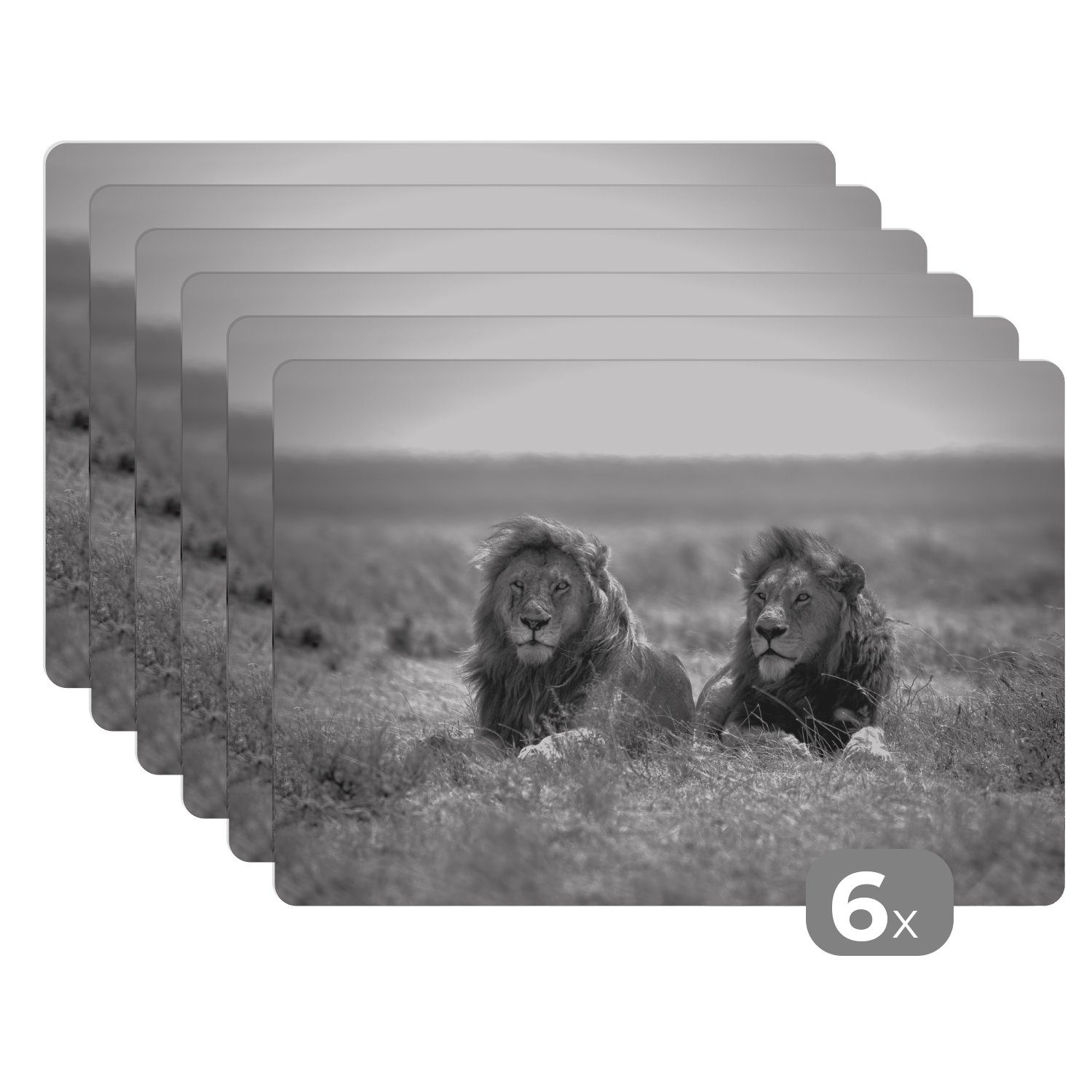 Platzset, Löwen - Tiere - Savanne - Schwarz und weiß, MuchoWow, (6-St), Platzset, Platzdecken, Platzmatte, Tischmatten, Schmutzabweisend