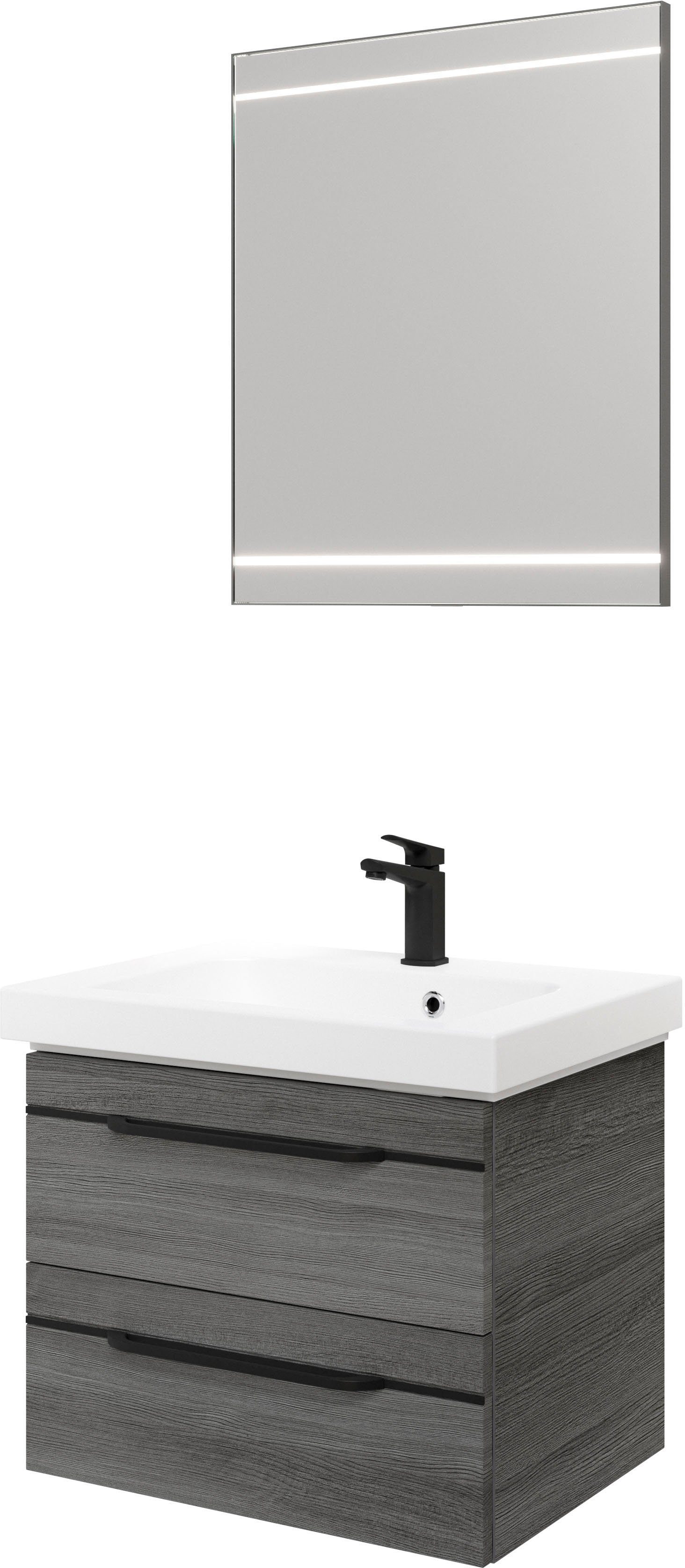 Saphir Badmöbel-Set Balto 2-teilig Mineralmarmor-Waschtisch mit LED-Spiegel, Waschplatz, (2-St), 64,4 cm breit, mit 2 Schubladen, Badschrank inkl. Schubladendämpfer