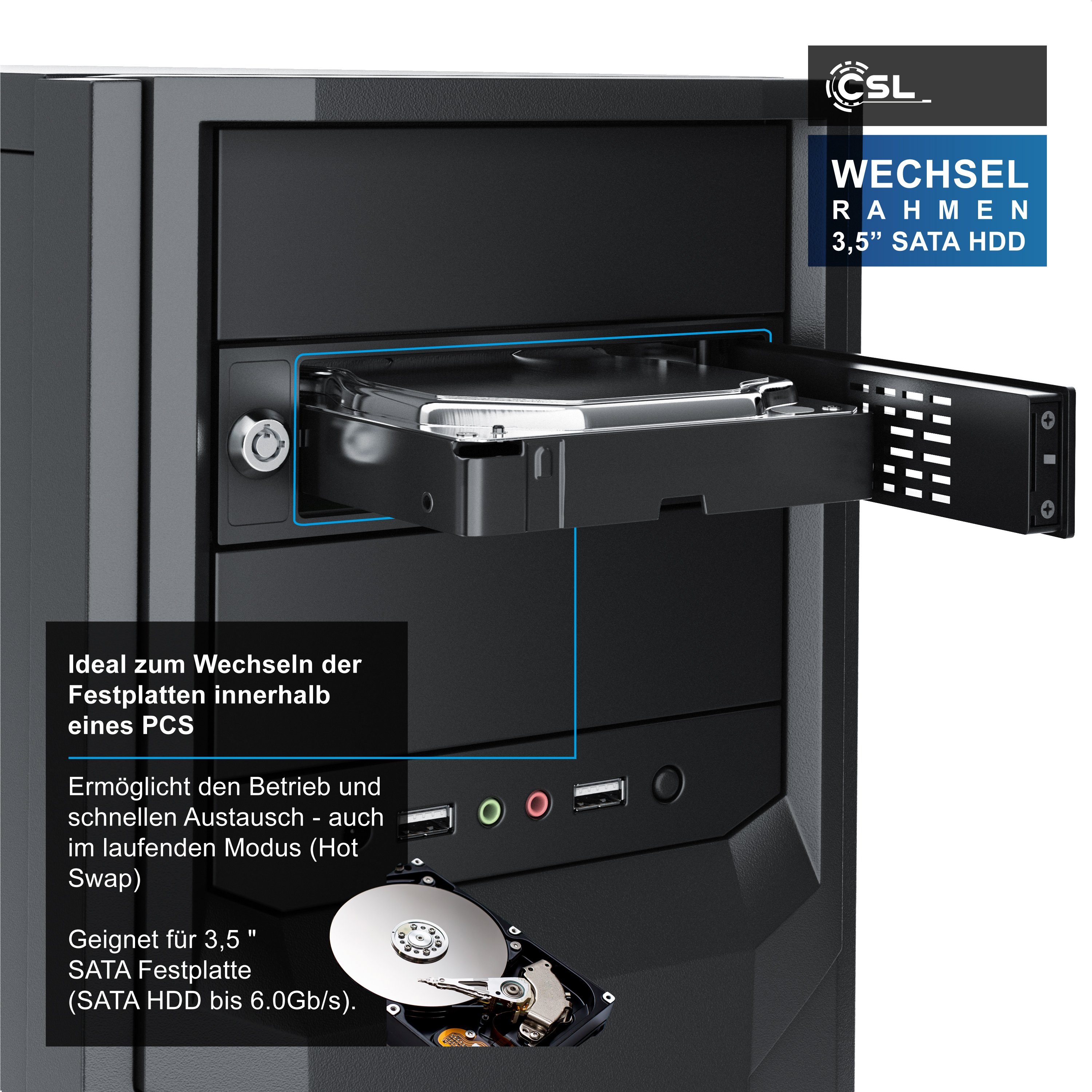 CSL Festplatten-Wechselrahmen, 5,25", für 3,5" SATA HDD's, Anti-Vibrations-Kit, Abschließbar