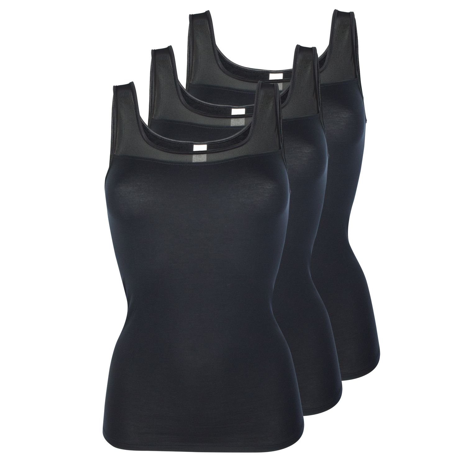 Pompadour Unterhemd (Mehrpack, 3-St., elastischen Tüll-Einsatz feinem im in 3er Stück) Modal-Qualität mit Schwarz Pack 3