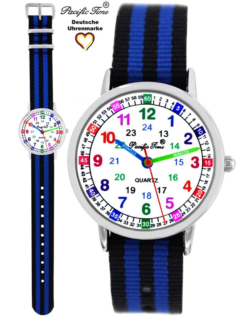 und Gratis Reflektor schwarz Time - Mix Set Armbanduhr Pacific gestreift Versand Kinder Design Quarzuhr Lernuhr Wechselarmband, blau und Match blau