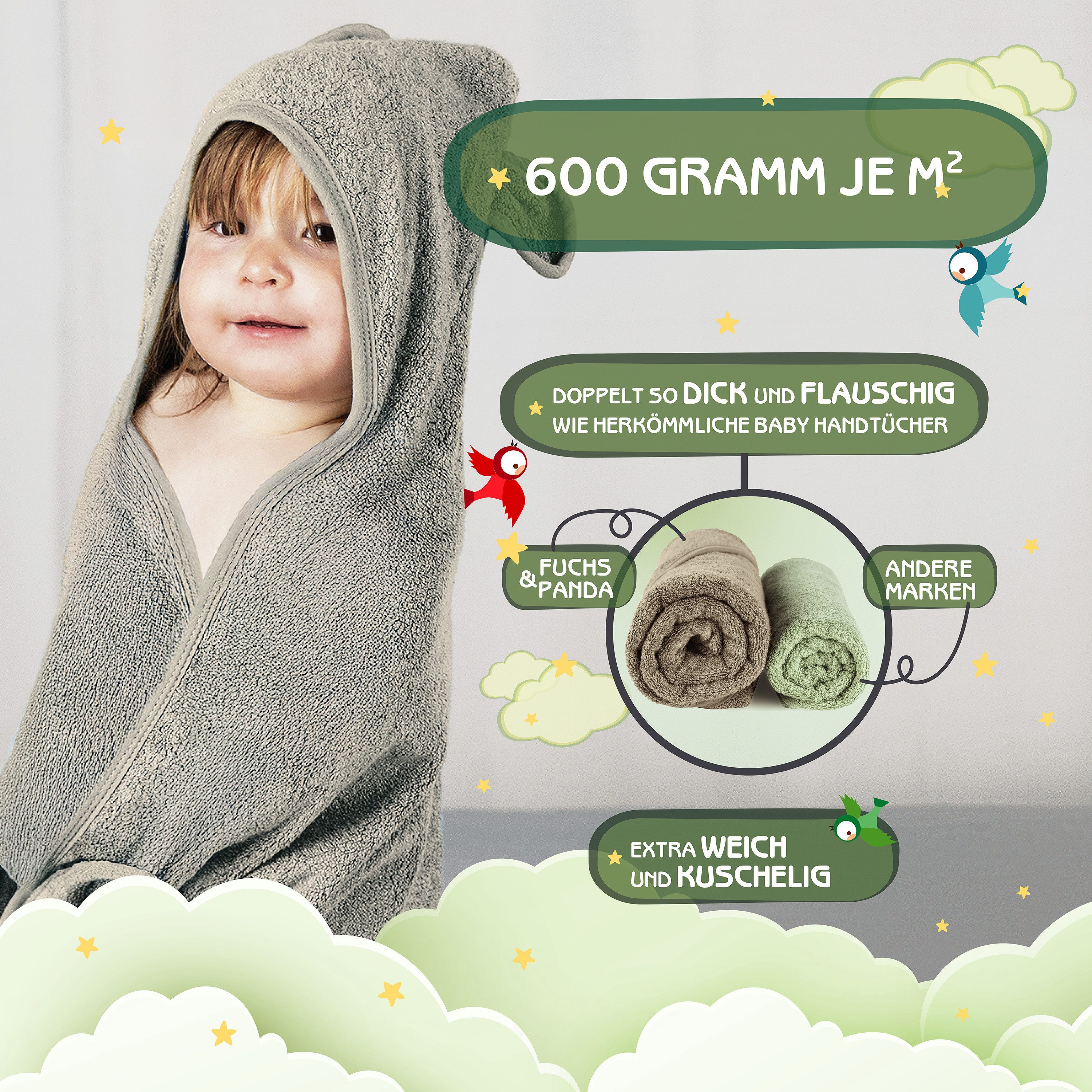 Fuchs & Panda Kapuzenhandtuch Kapuzenhandtuch Baby EXTRA dick, warm & weich aus 100% Bambus, 100% Bambus: Antimikrobiell, Atmungsaktiv, Hypoallergen, Superweich