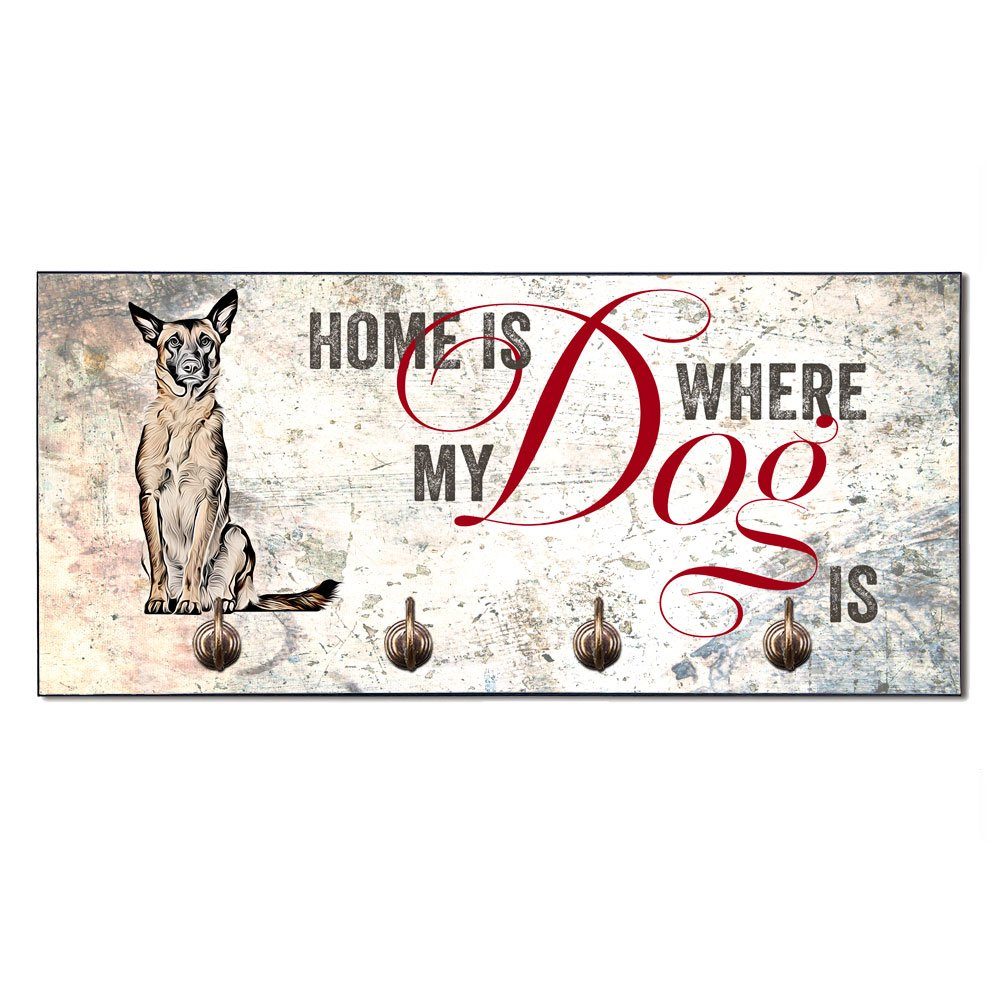 Cadouri Wandgarderobe MALINOIS Hundegarderobe - Wandboard für Hundezubehör (Garderobe mit 4 Haken), MDF, mit abgeschrägten Ecken, handgefertigt, für Hundebesitzer | Garderobenpaneele