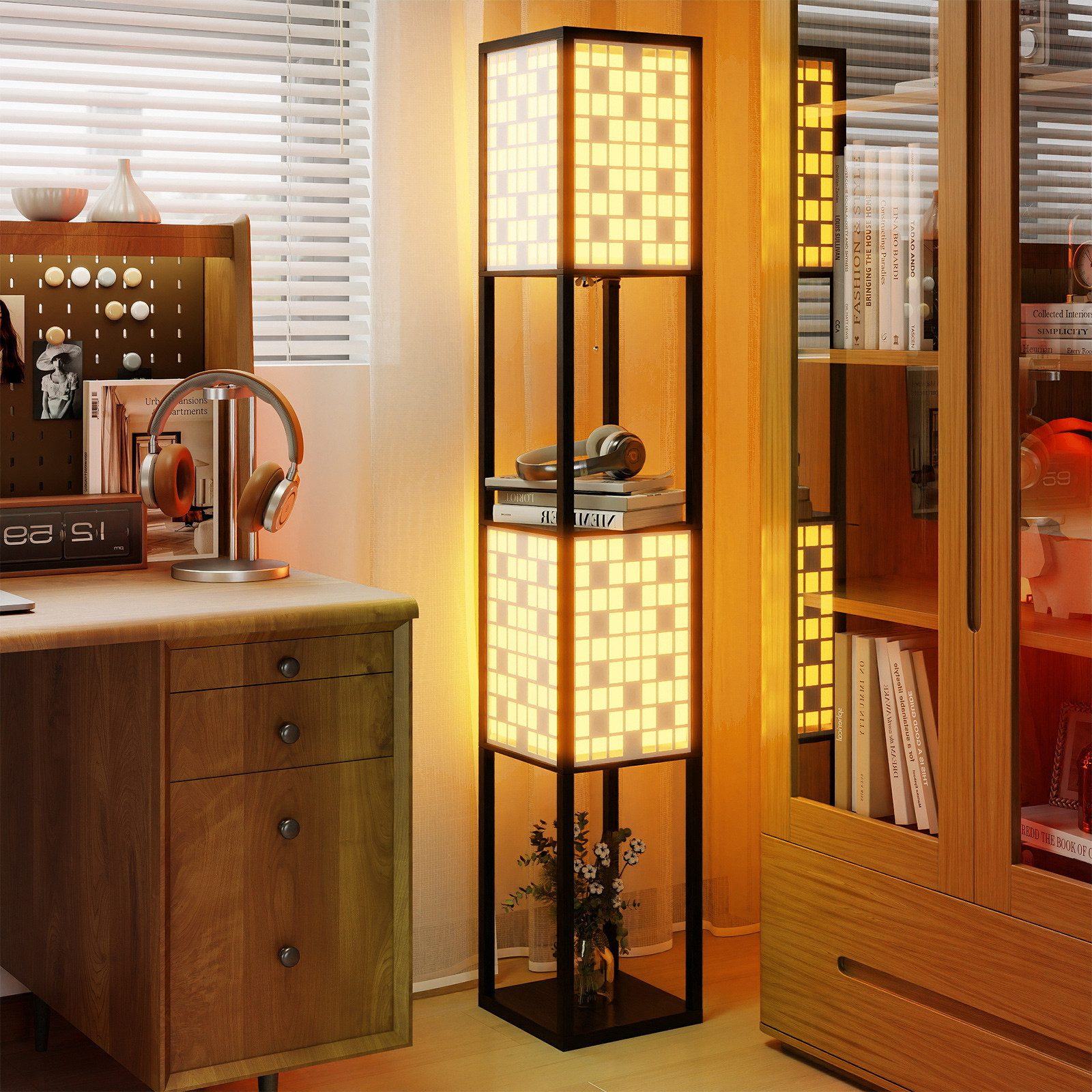COSTWAY Stehlampe, 156cm Holzregal, Fußschalter, Würfel Muster-Lampenschirmen