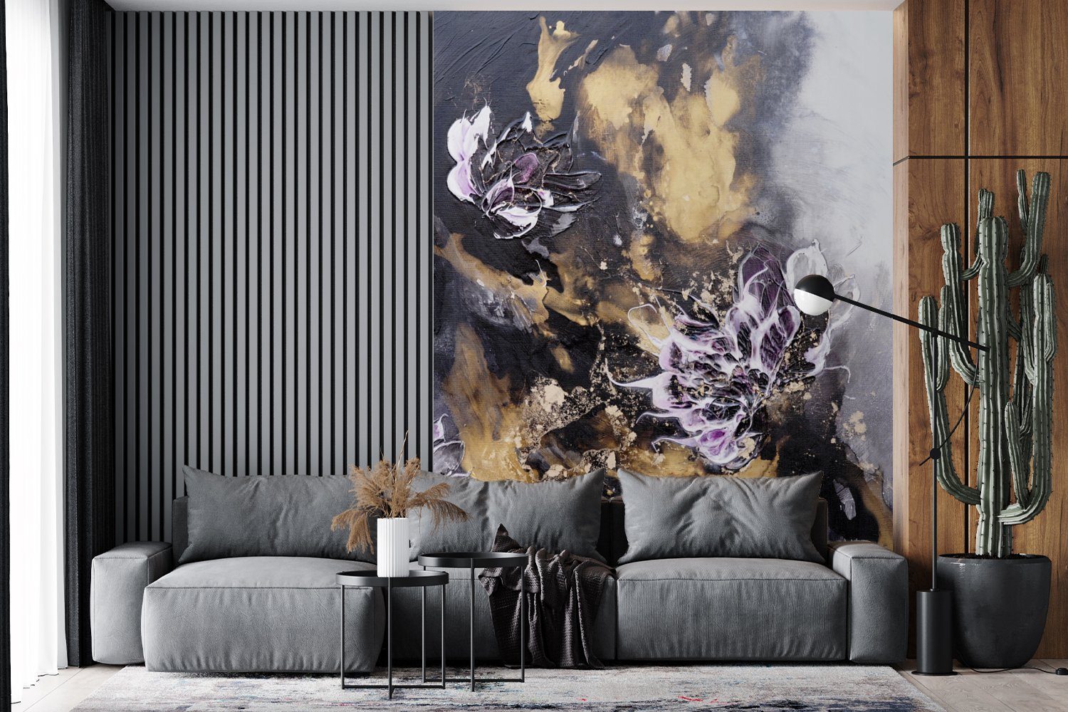 Wohnzimmer, Abstrakt MuchoWow Farbe, - Vinyl Wandtapete bedruckt, Schwarz - Fototapete Tapete Montagefertig Matt, (4 Grau St), - für