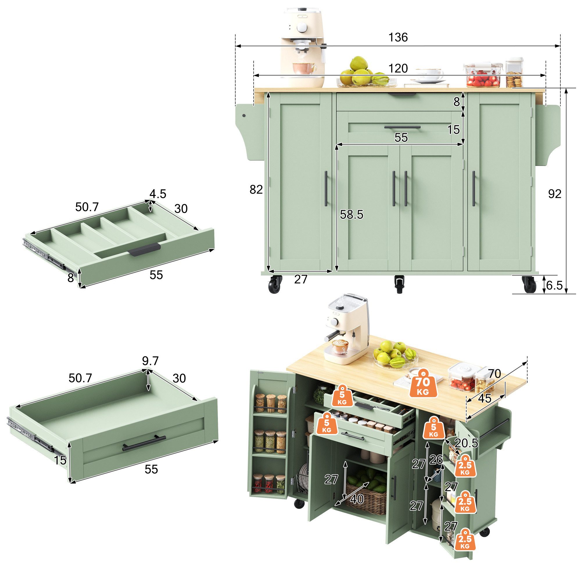 Celya Kücheninsel Küchenwagen,ausziehbare Arbeitsplatte, verstellbare Einlegeböden, (verdeckte Besteckschublade, Gewürzregal und Handtuchhalter), Ideal für Esszimmer, Wohnzimmer und Küche