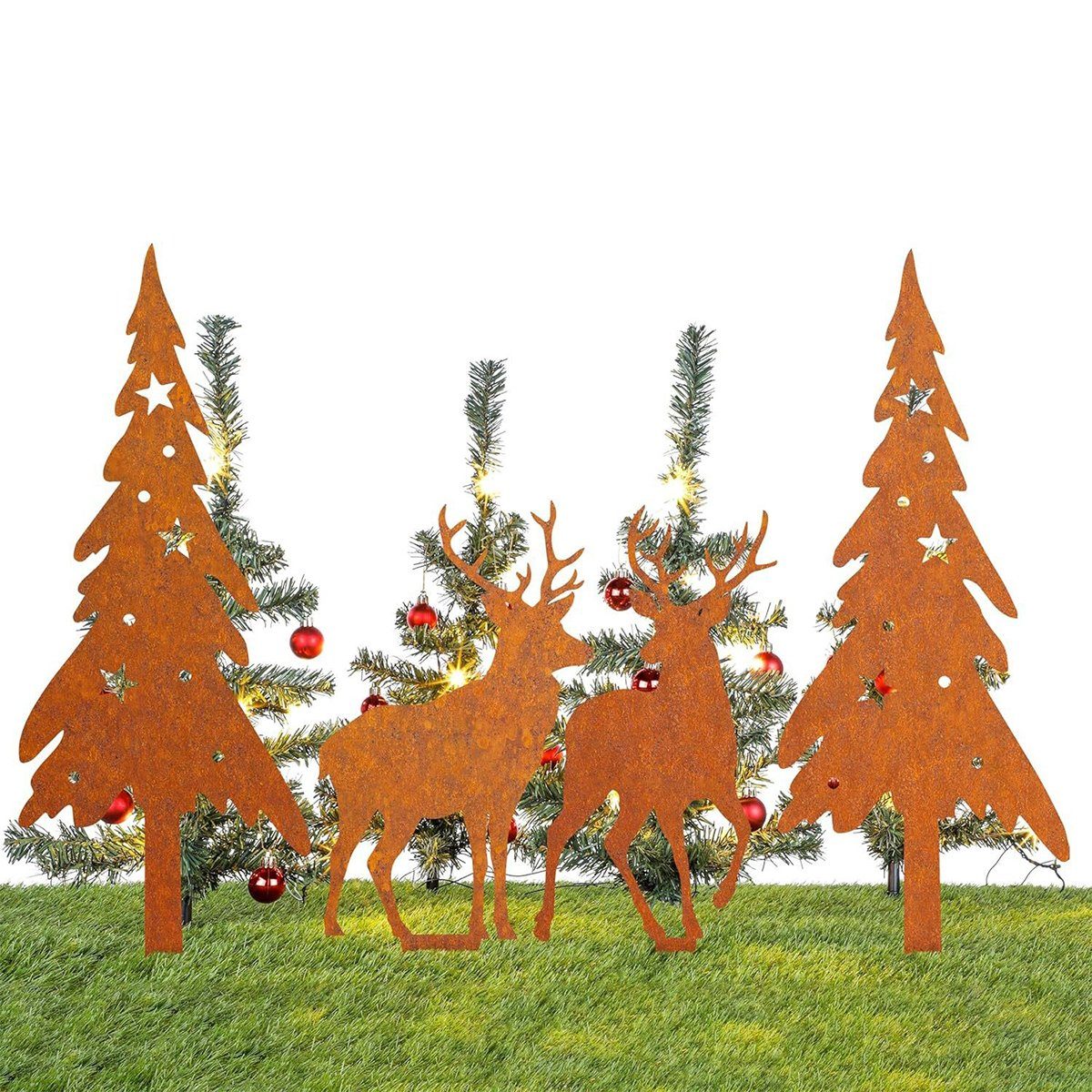 XDeer Dekofigur 4 Stück Gartenstecker Beetstecker 2X Elch + 2X Weihnachtsbaum (4 St), Rost Deko Weihnachten Herbst Winter Weihnachten Außen