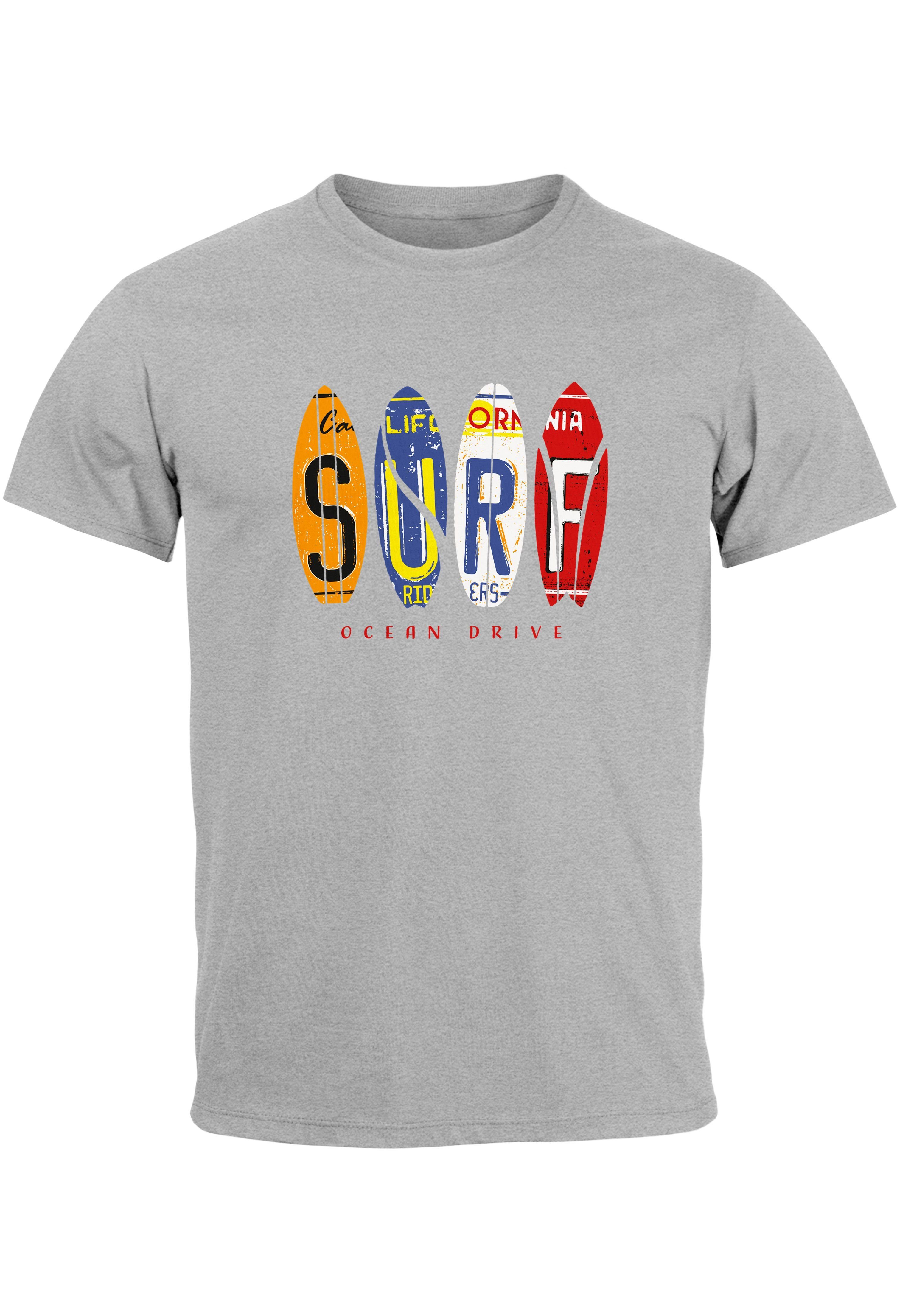 Print California T-Shirt grau Print Print-Shirt Surfing Surfboards Sommer mit Neverless Drive Ocean Herren