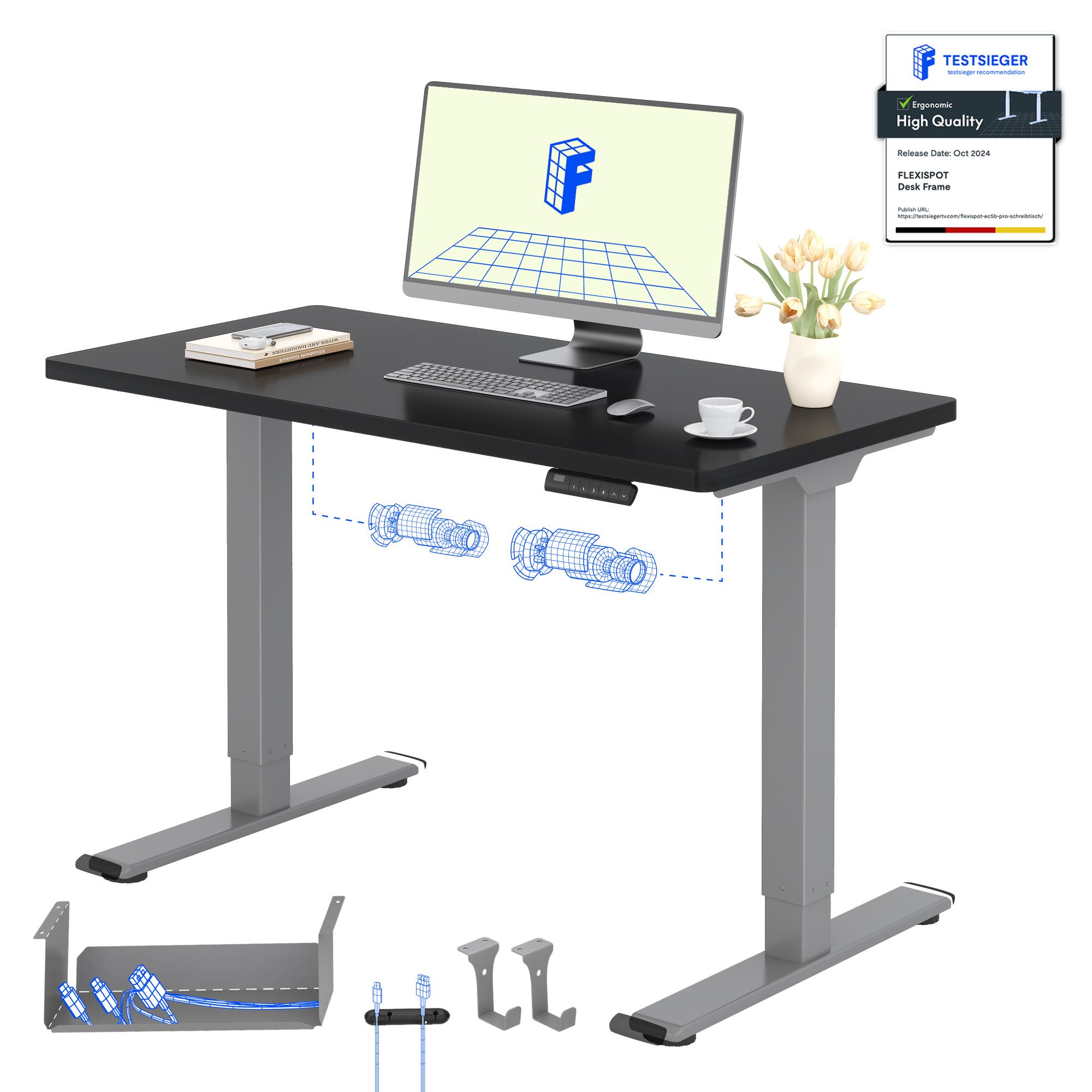 FLEXISPOT Schreibtisch Basic Plus höhenverstellbarer Schreibtisch mit Premium-Zubehör-Set (2 Motore & 2-Fach-Teleskop & 4 Höhenspeichertasten), MIT 25MM einteiliger Tischplatte, 120/140/160/180