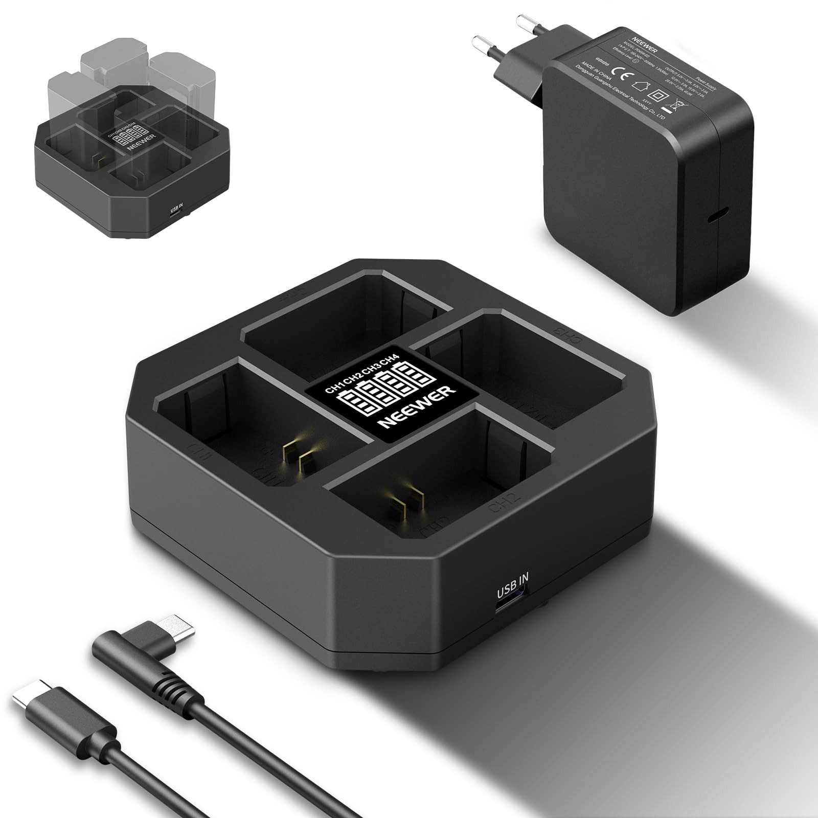 Neewer NW-Z4 4 Kanal USB Ladegerät Charger für NP-FZ100 Kamera Akku Batterie-Ladegerät (Packung, 1-tlg., mit PD 45W Schnellladegerät, Akkuanzeige, für Sony A7IV A9iii ZV-E1)