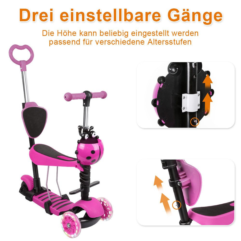JEOBEST Scooter 3-in-1 Kinderroller mit Rückenlehne & Abnehmbarem Sitz, Höhenverstellbarer 3-Rad-Tretroller ab 2 Jahre – Bild 2 von 5