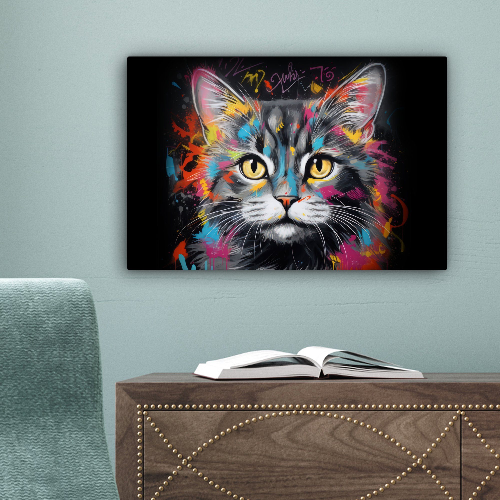 (1 Leinwandbild - St), Leinwandbilder, Wandbild - Graffiti 30x20 Wanddeko, cm - Grau, - Farben OneMillionCanvasses® Katze Tiere Aufhängefertig,