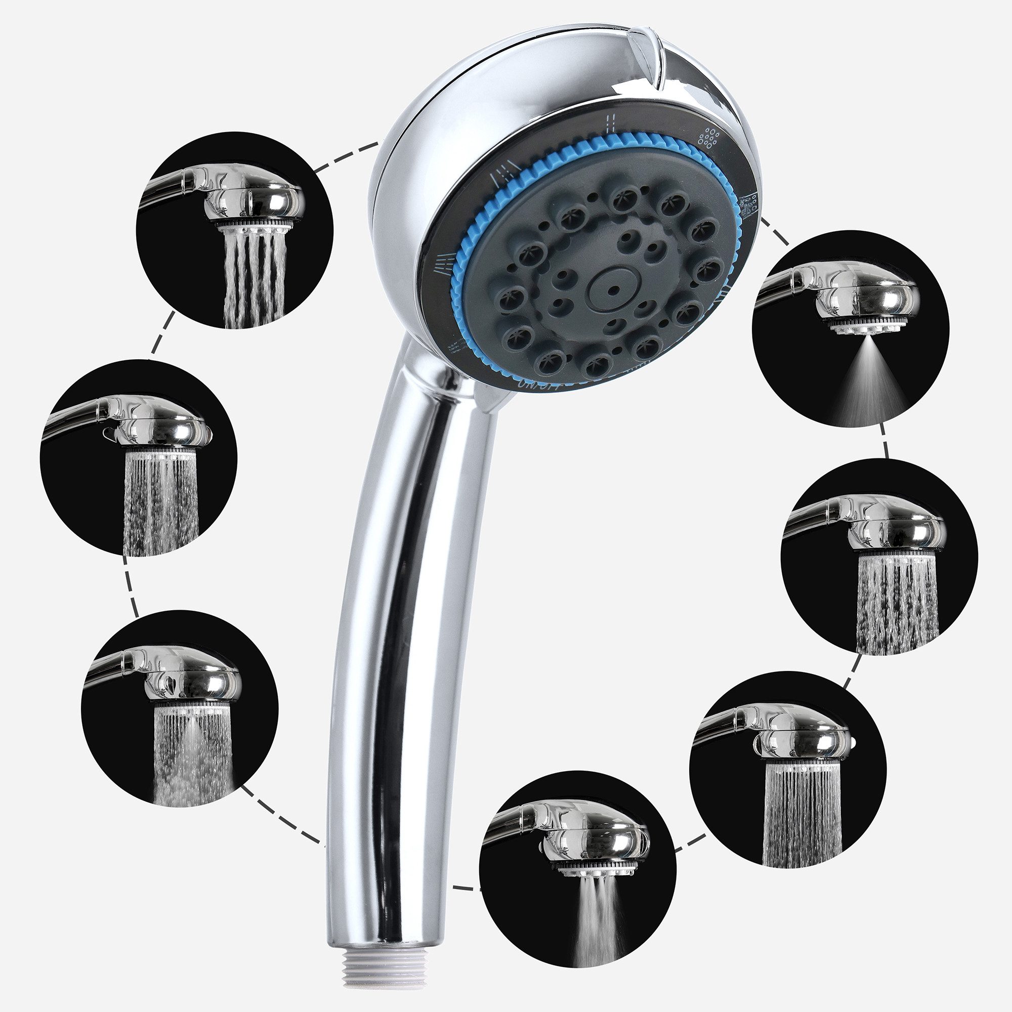 Euroshowers GmbH Brausegarnitur Duschbrause Handbrause mit Brauseschlauch Set Atlantic 3-tlg Chrom, 7 Strahlart(en), 3 tlg., 7 Strahlarten, Antikalk, Komplett-Set mit Edelstahl-Schlauch & Halter, 7 Strahlarten, Antikalk, Komplett-Set mit Edelstahl-Schlauch & Halter