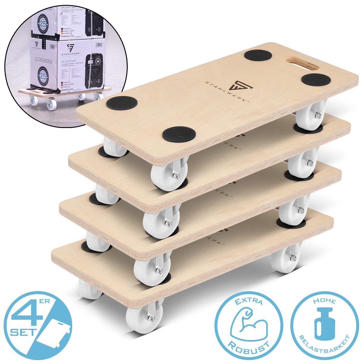 Rollbrett Rollwagen 4er Set bis 250 kg 58x29 cm Rollbrett