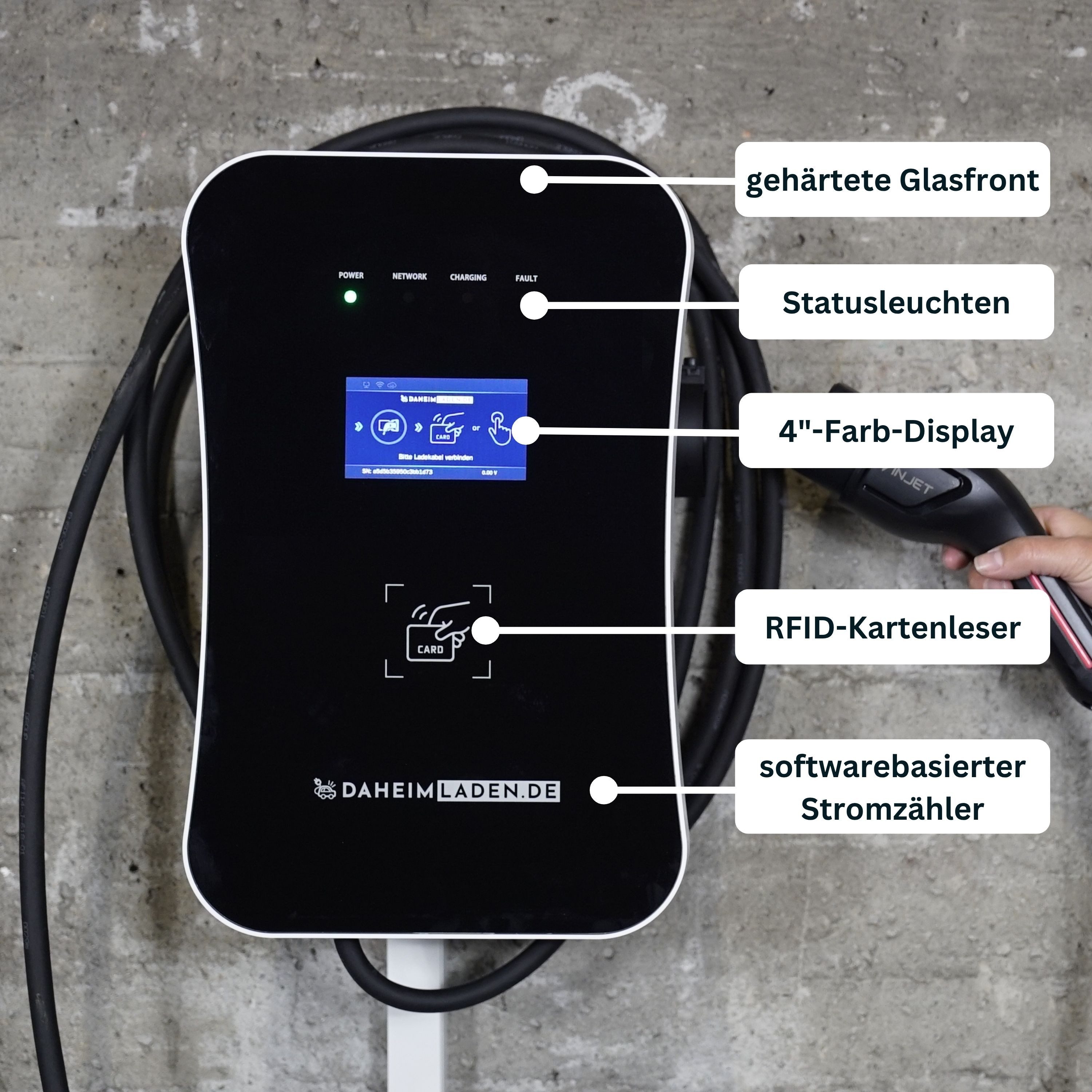 DAHEIM LADEN Elektroauto-Ladestation DaheimLader Smart PRO Wallbox, 11kW / 16A, 3-phasig, mit App, RFID, softwarebasierter Stromzähler, DockingStation, OCPP Version 1.6j