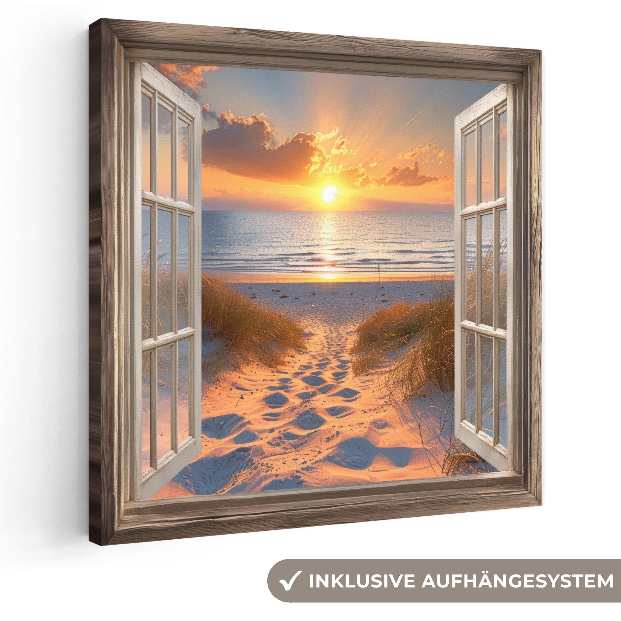 OneMillionCanvasses® Leinwandbild Durchblick - Strand - Dünen - Sonnenuntergang, Fotodruck (1 St), Wandbild, Deko Schlafzimmer Wohnzimmer Flur 20x20 cm