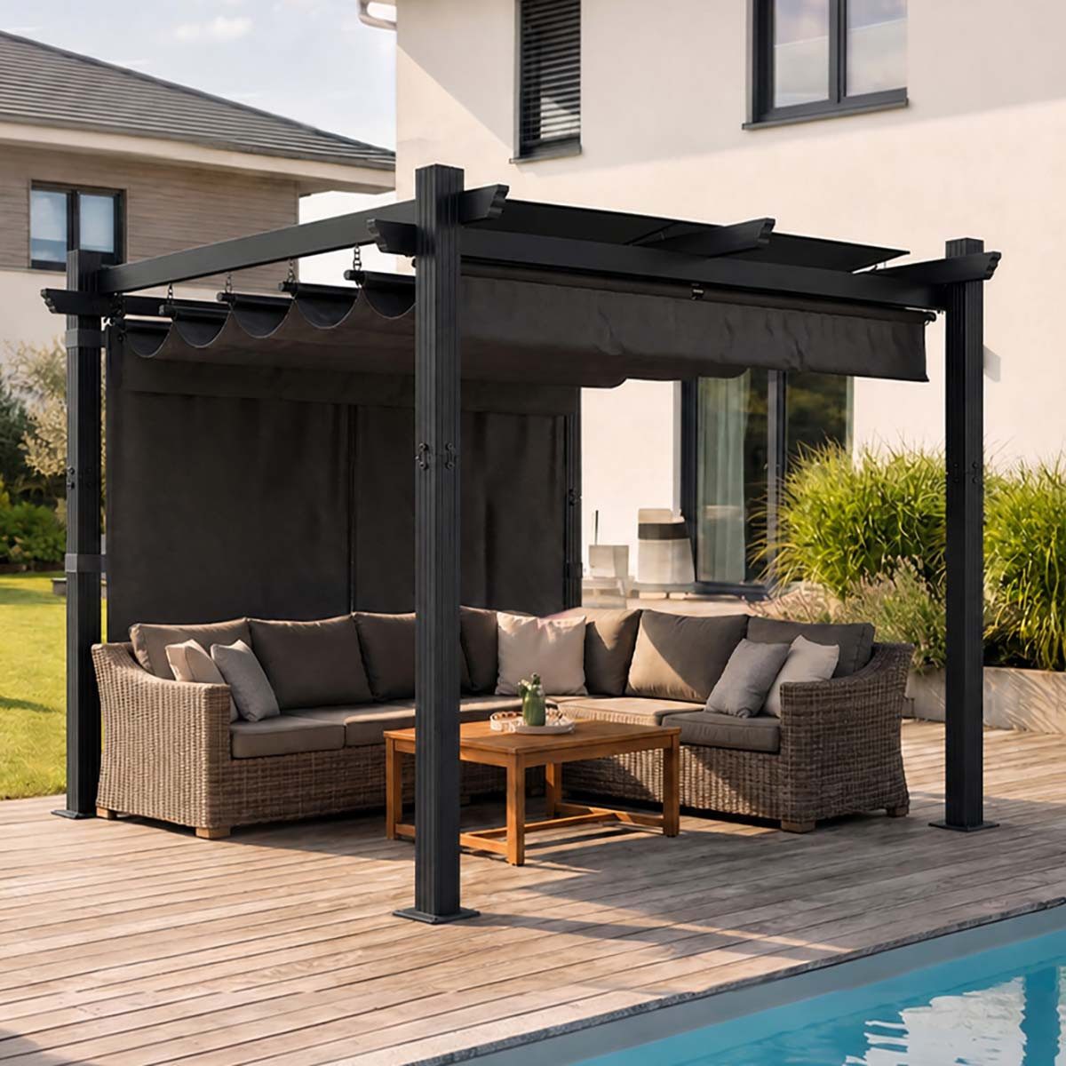 GUNJI Pergola 3x3/3x4m Terrassenüberdachung, Magnetisch Befestigte Aluminium-Pergola, (180g PA-beschichtetes Polyester, UV-geschützt, geeignet für Garten, Terrasse, Poolszenen), Magnetisch befestigbares Schiebedach