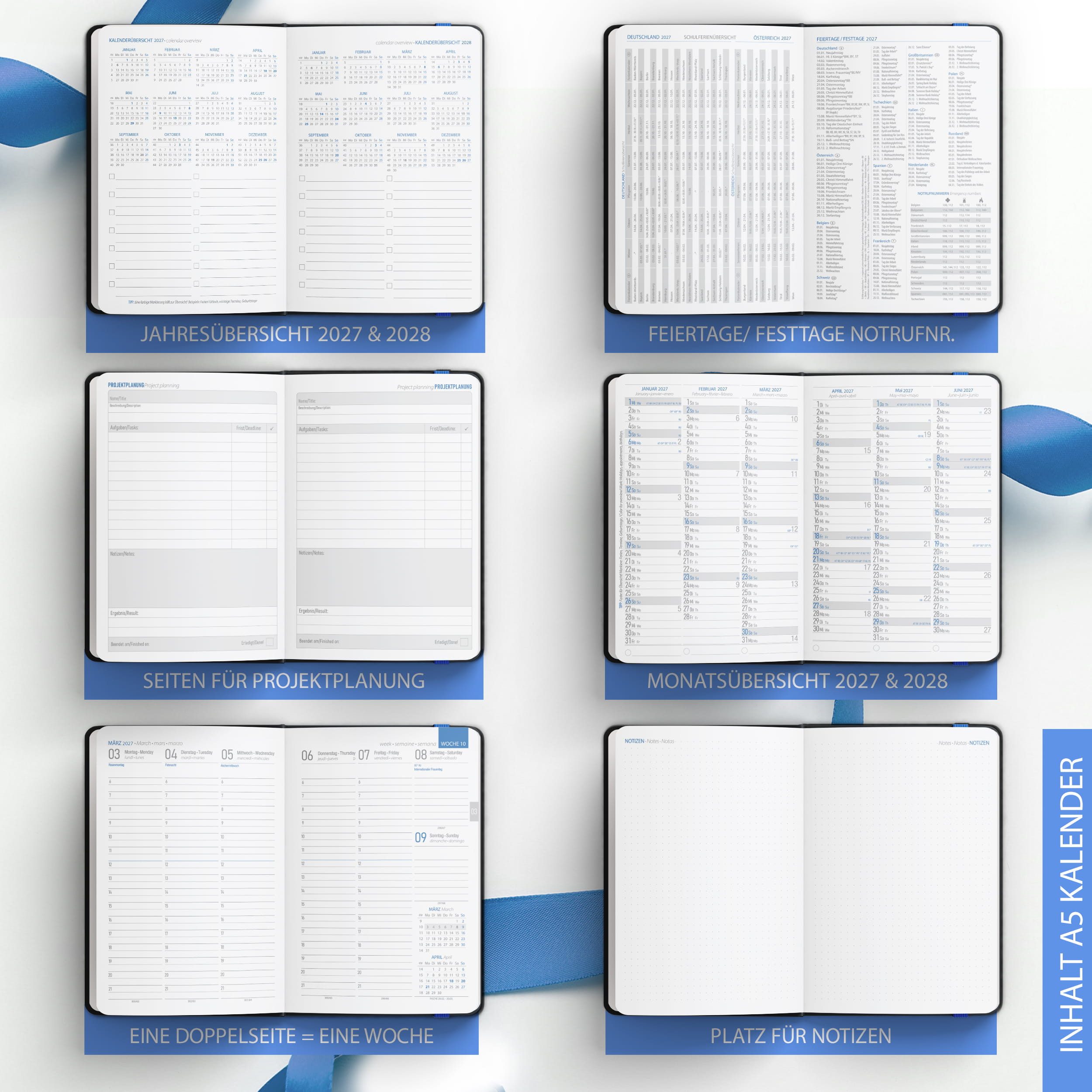 TOBJA Buchkalender Buchkalender 2027 A5 Nero Blau Hardcover Halbstunden 1 Woche 2 Seiten, Halbstunden-Taktung, FSC-Papier, Hardcover, Griffregister – Bild 5 von 5